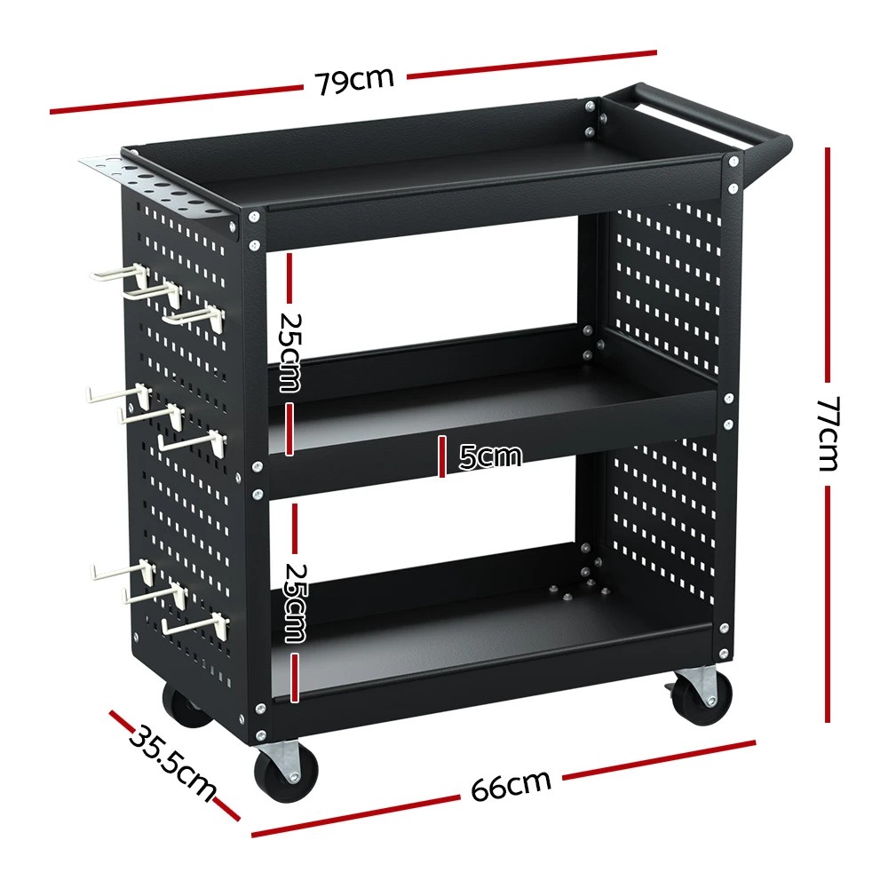 2 Giantz 3-Tier Tool Cart Storage Trolley Workshop Garage Pegboard Hooks - Black, 2 of 2