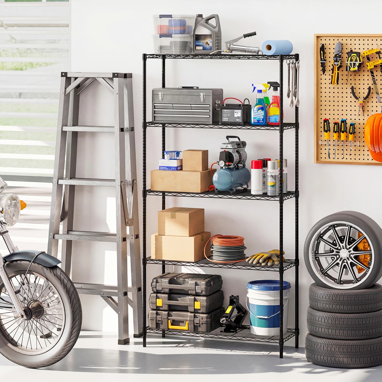 3 Costway 5-Tier Wire Shelving Unit Adjustable Heavy-Duty Metal Storage Shelves w/4 Hooks, 3 of 5