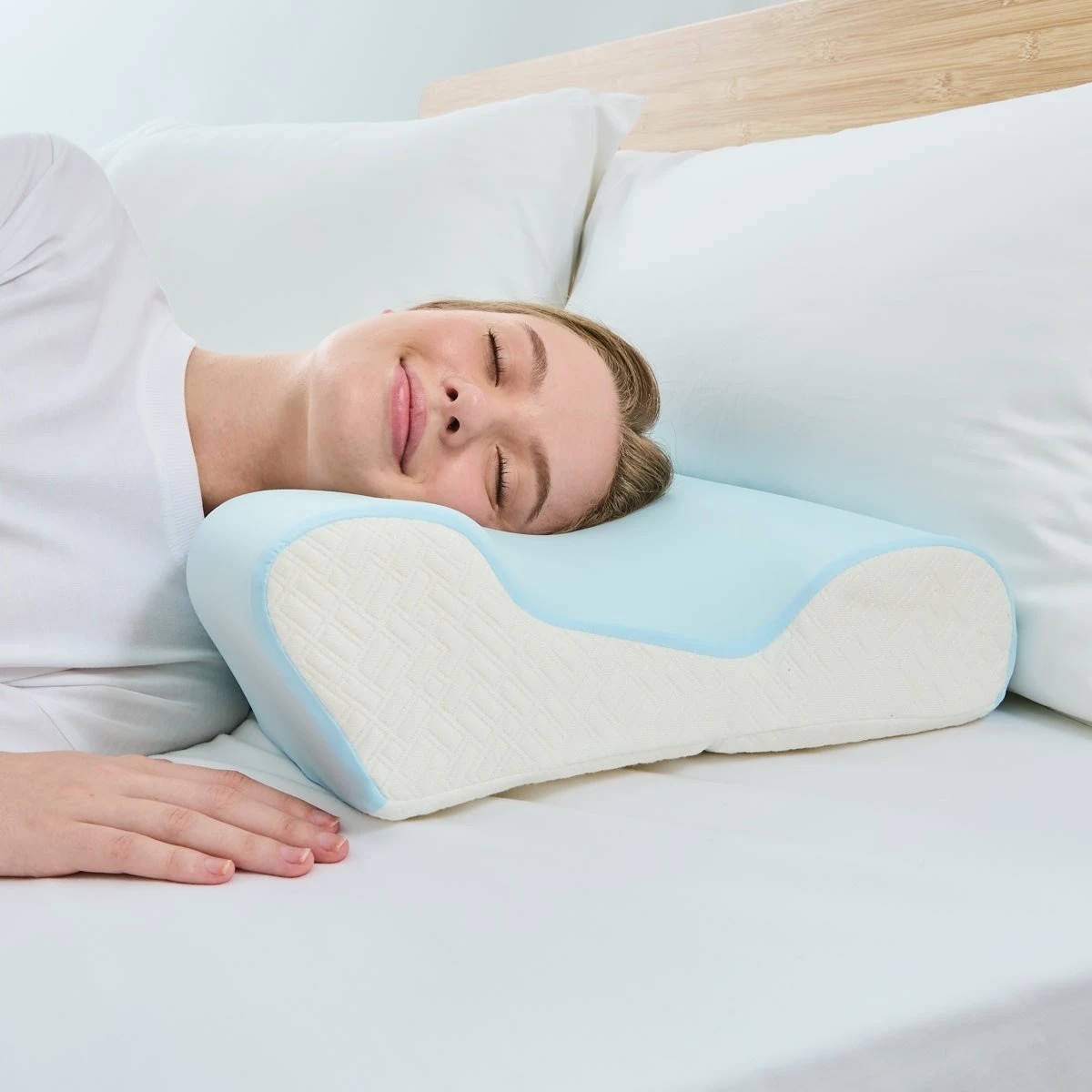 2 Ergonomic Memory Foam Pillow - Medium Profile, Blue and White, 2 of 10