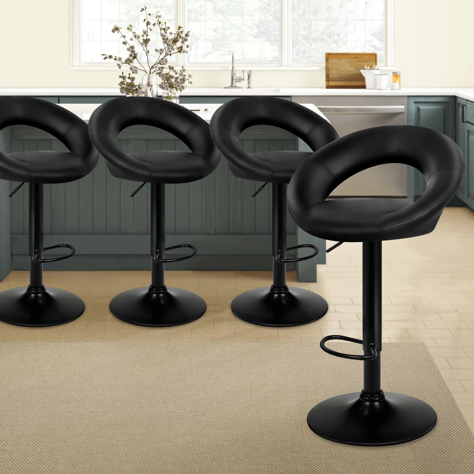6 Alfordson 2x Bar Stools Ovadia Kitchen Swivel Chair Leather Gas Lift - All Black, 6 of 8