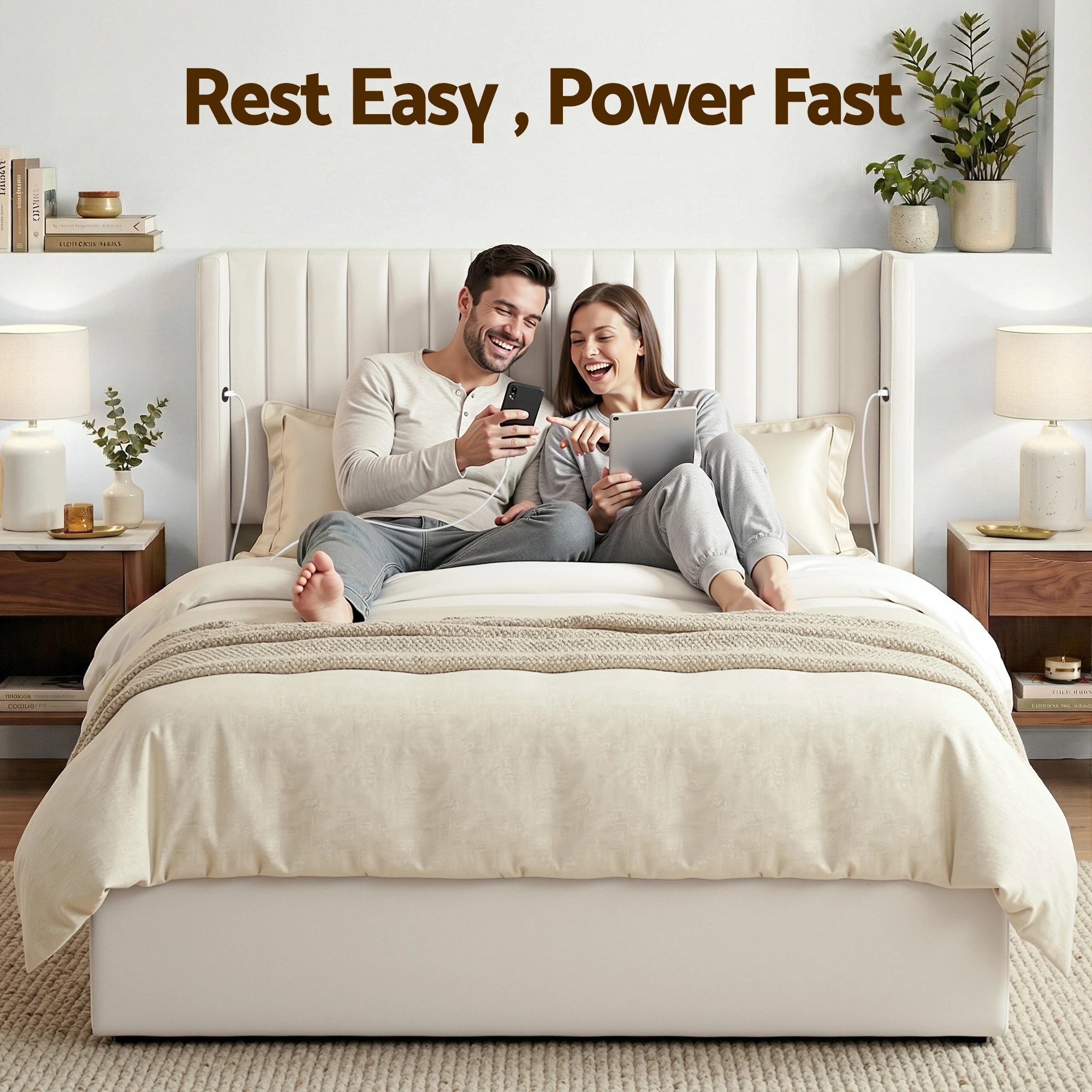 6 Artiss Double Bed Frame with Gaslift Storage USB Type-C Charging Ports Velvet Upholstery - White, 6 of 9
