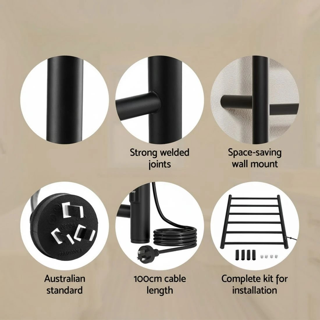 6 Devanti Heated Towel Rail 6 Round Bars  with Timer Electric Heater Warmer Rack - Black, 6 of 6