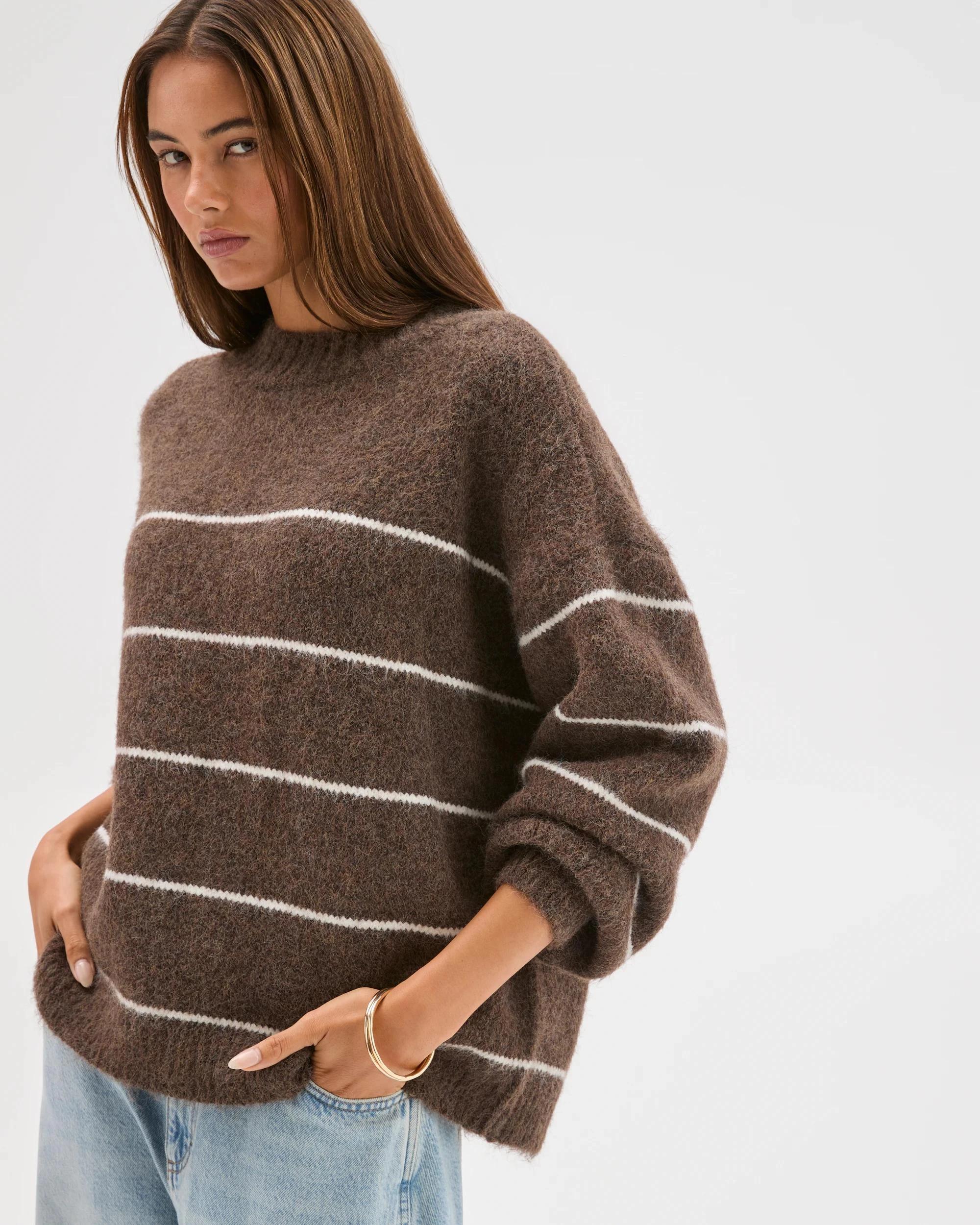 5 Lily Loves Stripe Knit Pullover Jumper BROWN, 5 of 8