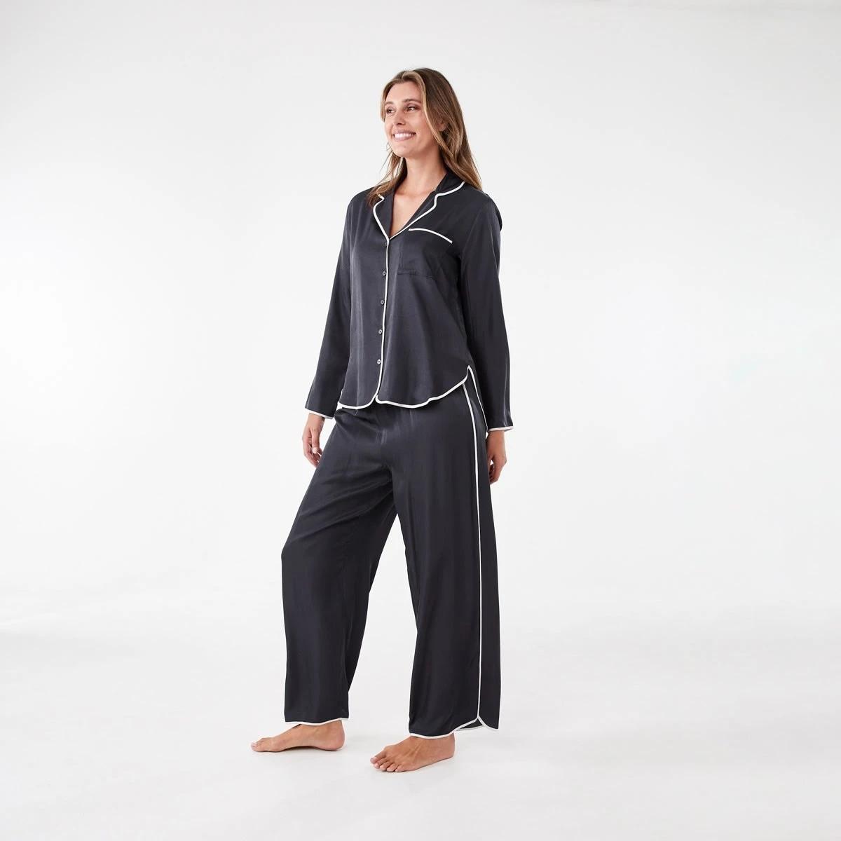 2 Matte Satin Long Sleeve Top and Pants Pyjama Set Wshd Slate, 2 of 9