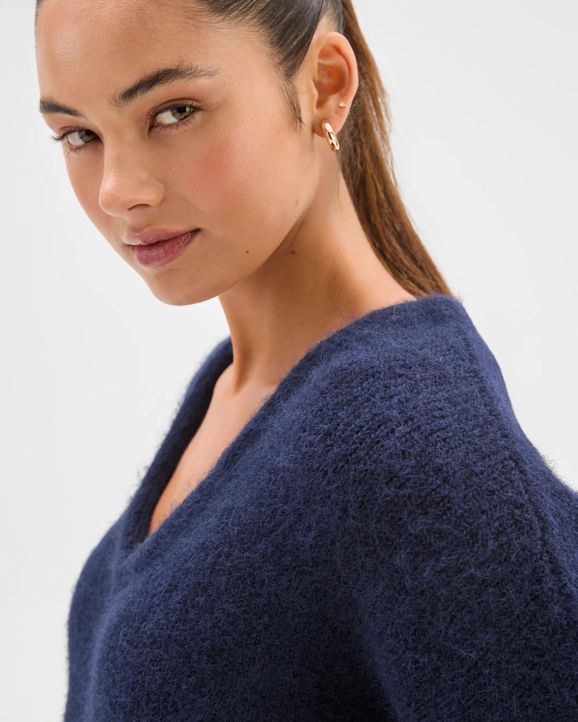 7 Lily Loves V-Neck Fluffy Knit Jumper DEEP NAVY, 7 of 7