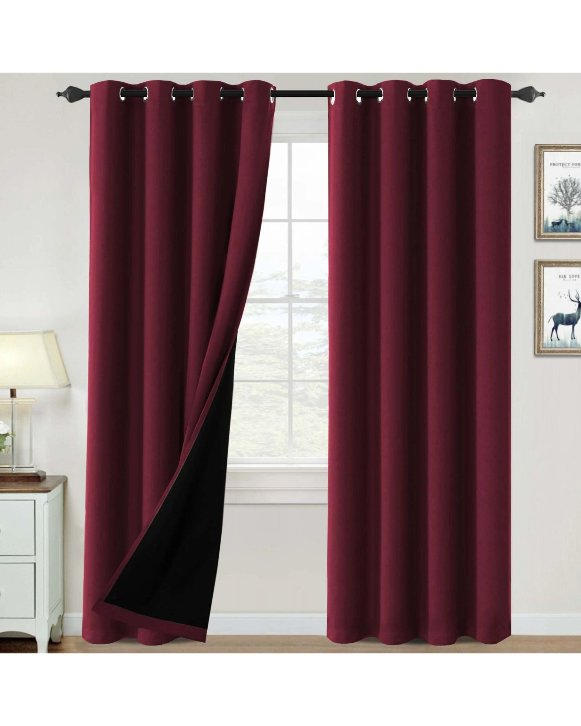 1 Smarcute Blockout Grommet Curtain with Black Liner Backing - 2X 132x213cm - Burgundy, 1 of 4