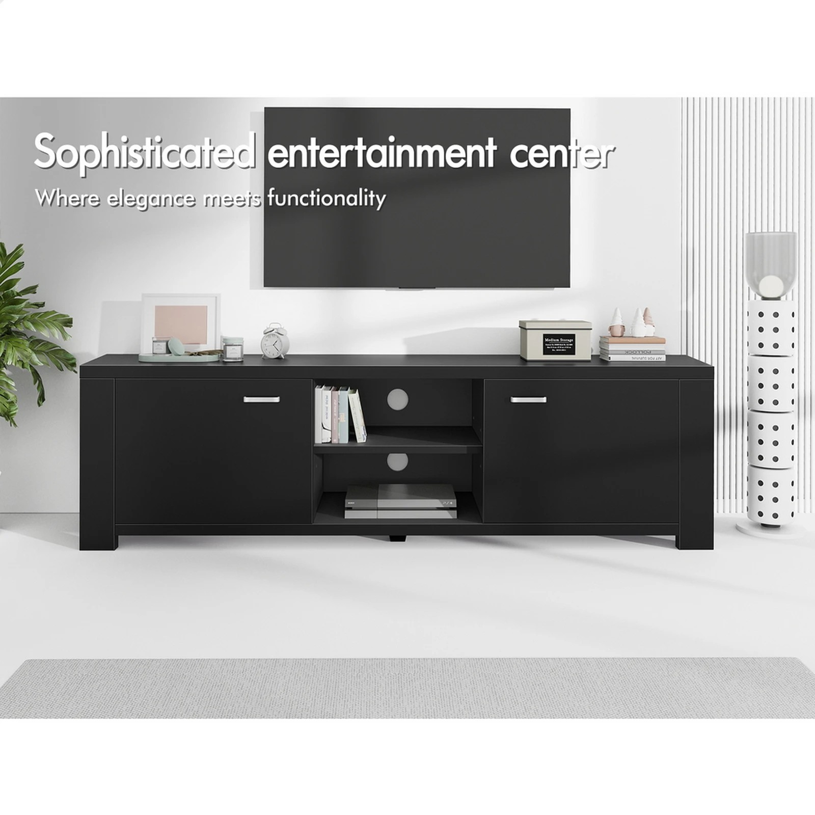 2 Alfordson TV Cabinet Entertainment Unit Stand Storage Shelf 160cm - Black, 2 of 10
