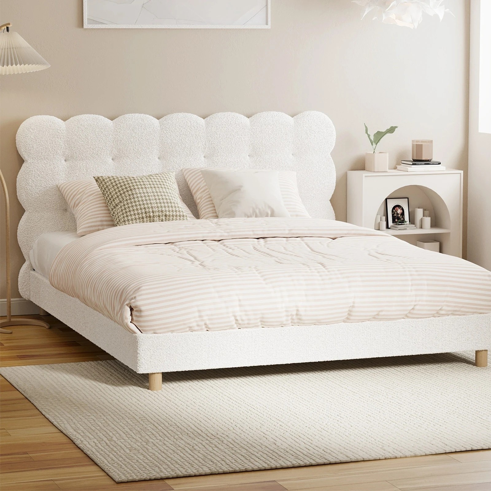 2 Oikiture Queen Bed Tufted Bedhead Boucle Bed Frame
 - White, 2 of 10