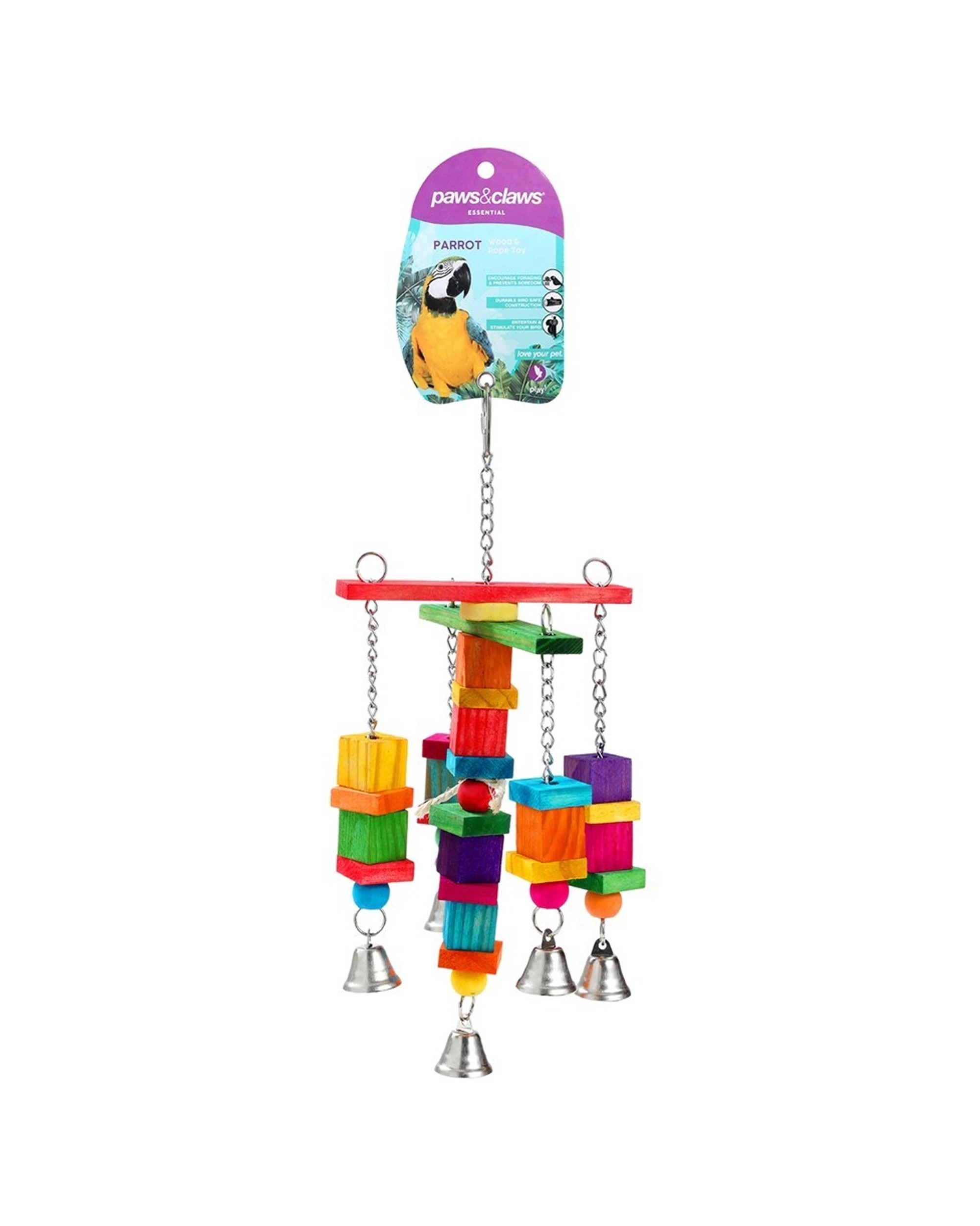 1 Paws And Claws Parrot Hanging Toy Large Wood Rope Bell Interactive Bird Toy.
 - Multi, 1 of 6