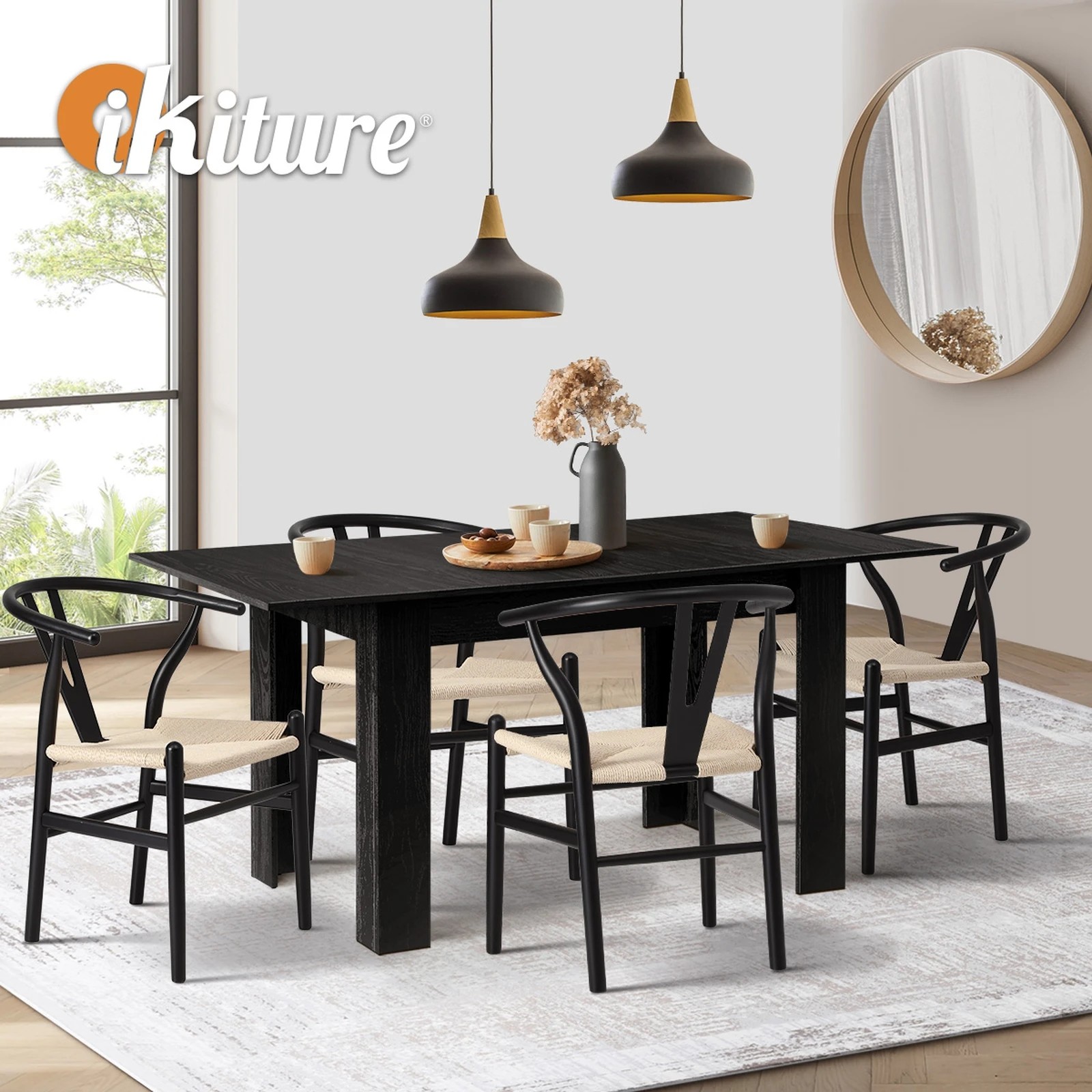 6 Oikiture 160cm Extendable Dining Table with 4x Hans Wegner Dining Chairs - Black, 6 of 9