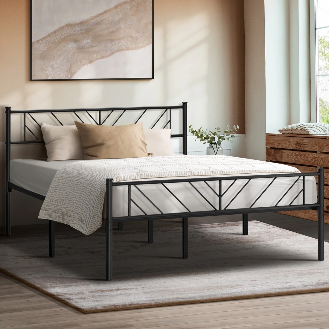 2 Oikiture Metal Bed Frame Queen Size Bed Base Platform Sis
 - Black, 2 of 9