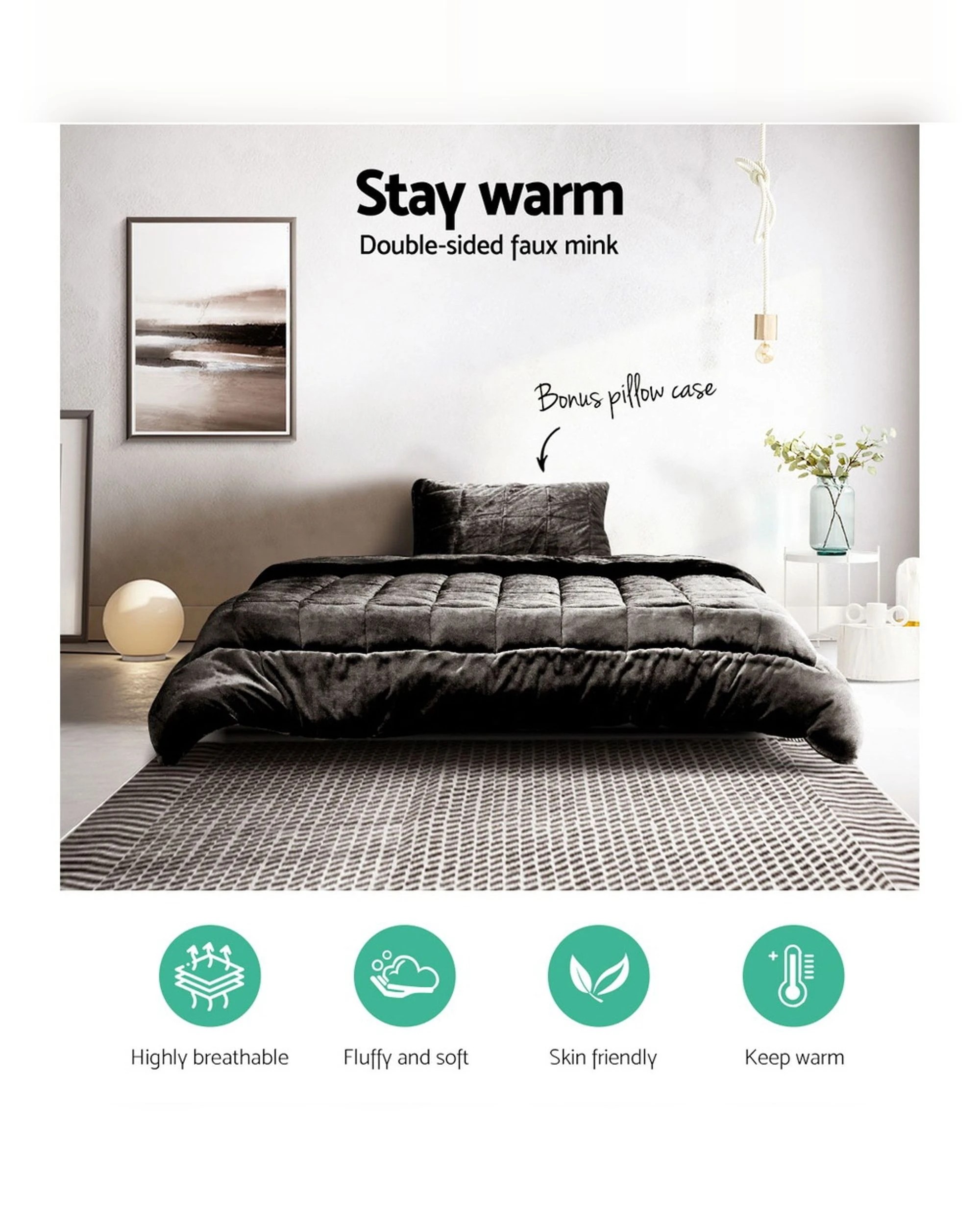 3 Giselle Bedding Faux Mink Quilt Charcoal Single - Single Bed - Charcoal, 3 of 8