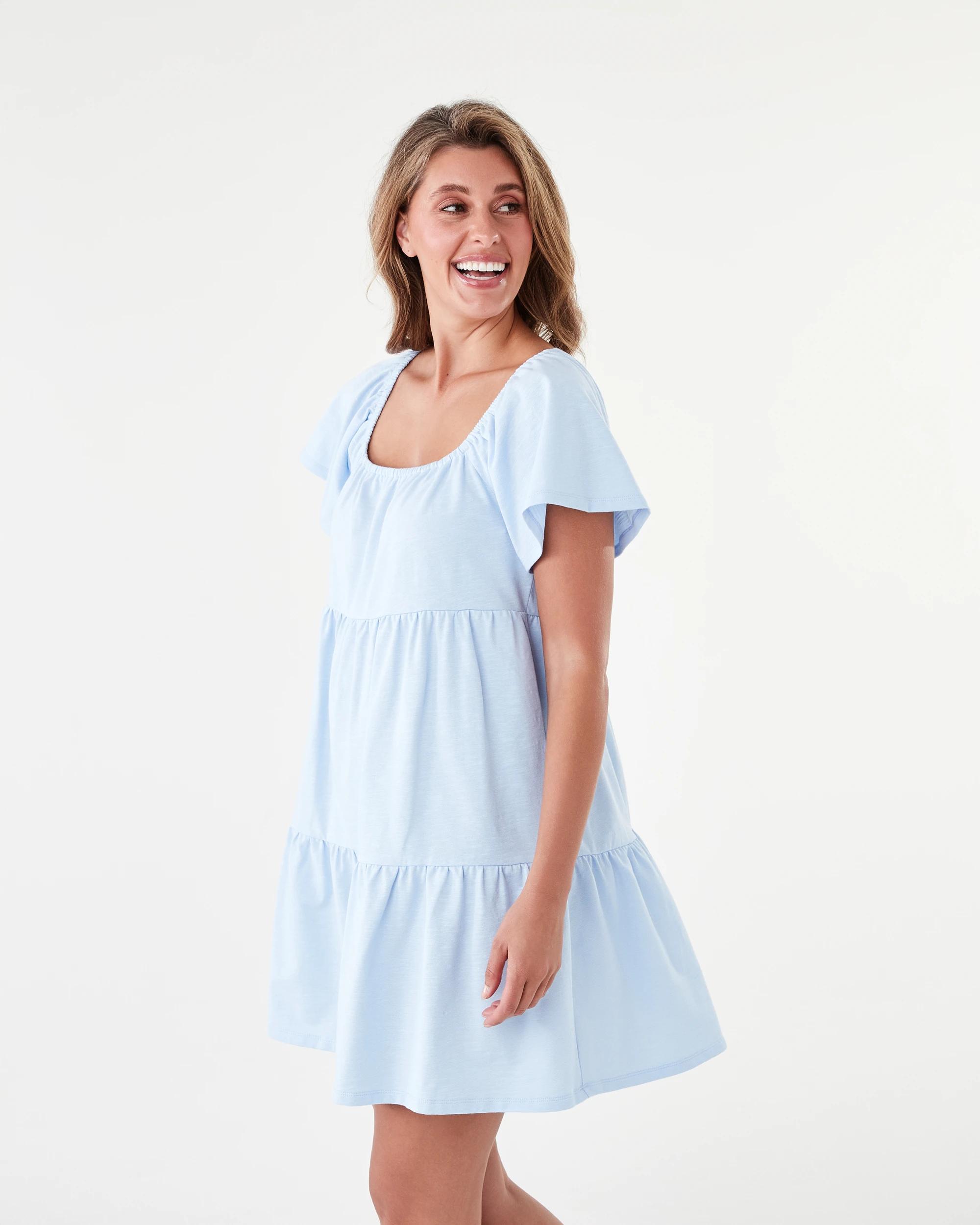 2 Short Sleeve Frill Tiered Jersey Mini Dress Powd Blue, 2 of 8