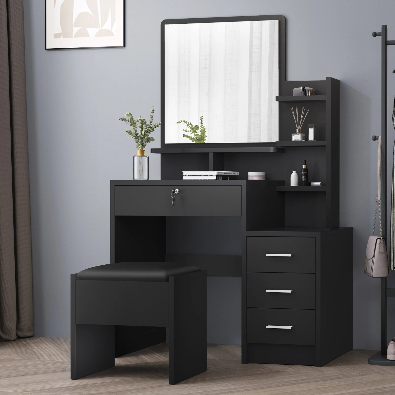 2 Alfordson Dressing Table Stool Set Makeup Mirror Cabinet Vanity Desk - Black, 2 of 10
