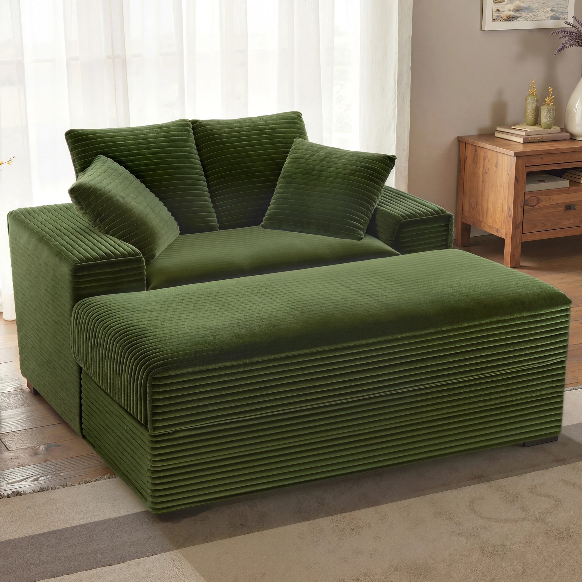 2 Advwin 146cm Chaise Lounge Chair with Storage Ottoman Fluffy Upholstered Sofa Bed - Green, 2 of 10