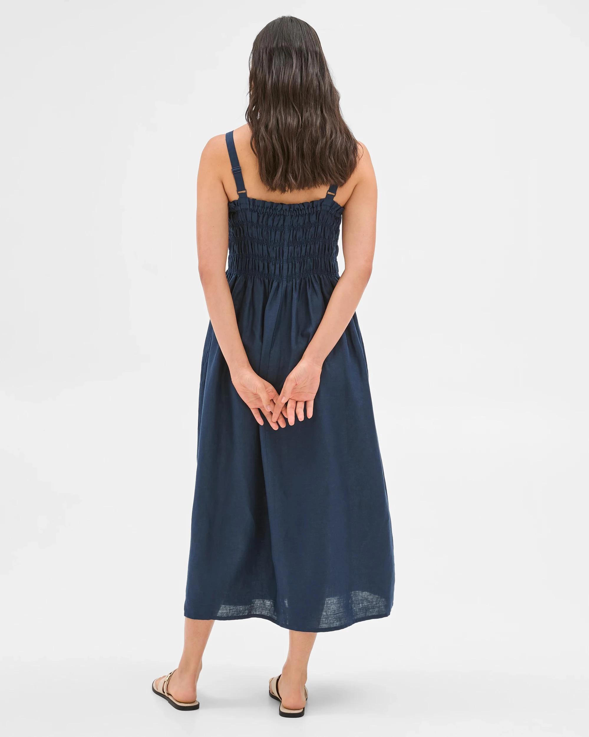 6 Target European Linen Shirred Midi Dress NAVY BLUE, 6 of 6