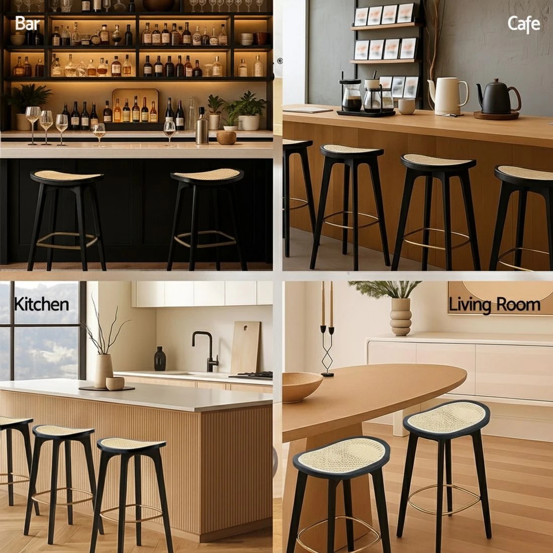 7 Artiss 4x Bar Stools Rattan Counter Kitchen Dinning Chair Bamboo Saddle - Black, 7 of 7