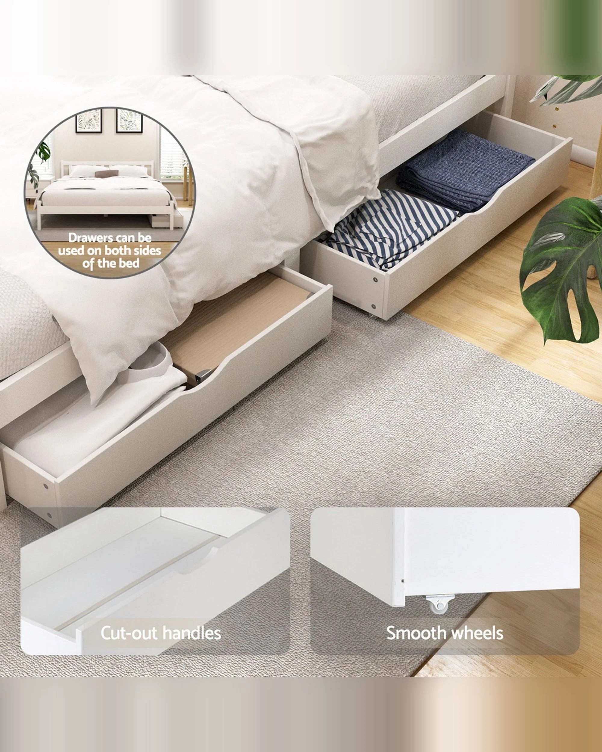 3 Artiss Bed Frame Queen Size Wooden Platform with 2 Storage Drawers - White, 3 of 6