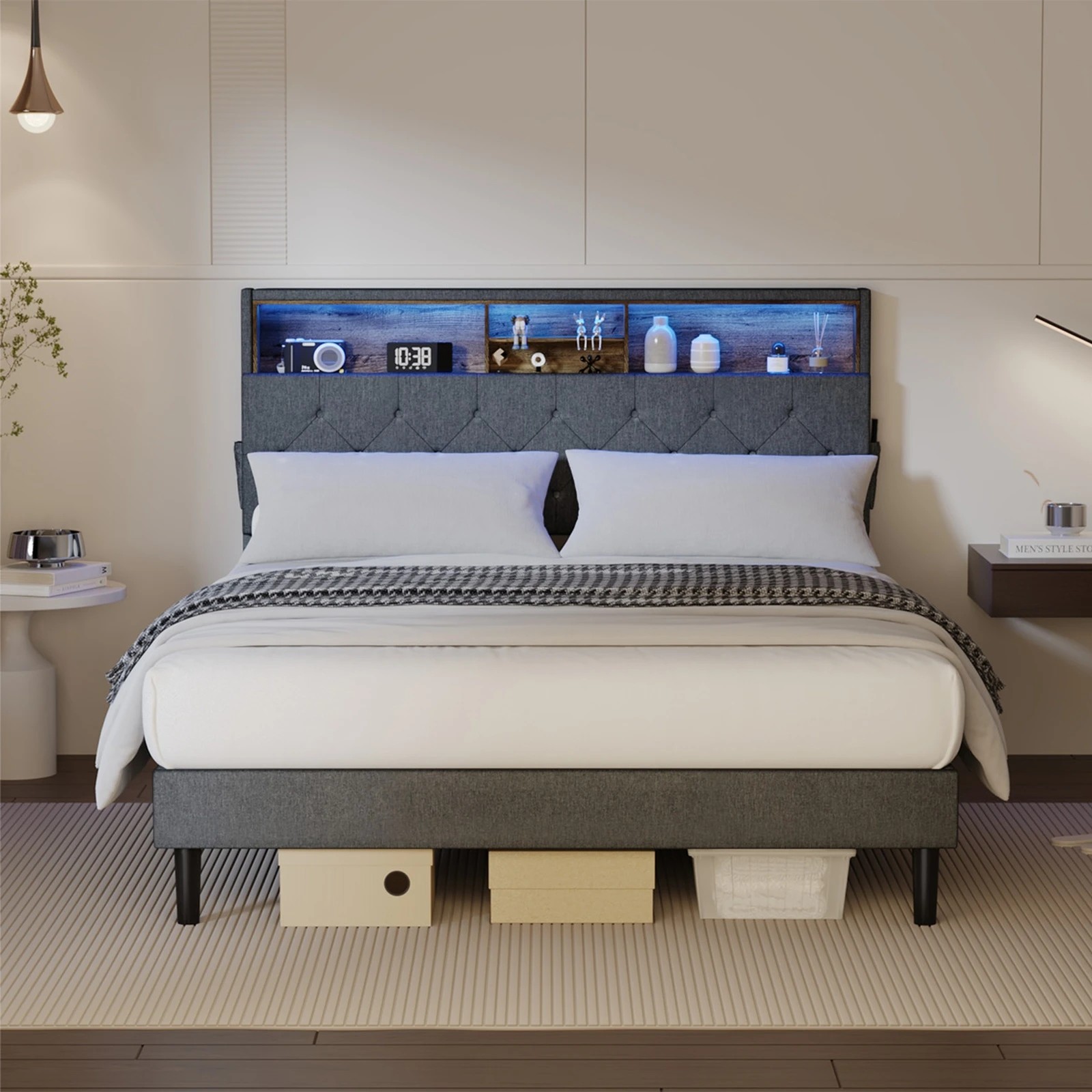 3 Oikiture Double Bed With Led Storage Bedhead Bed Frame
 - Grey, 3 of 10