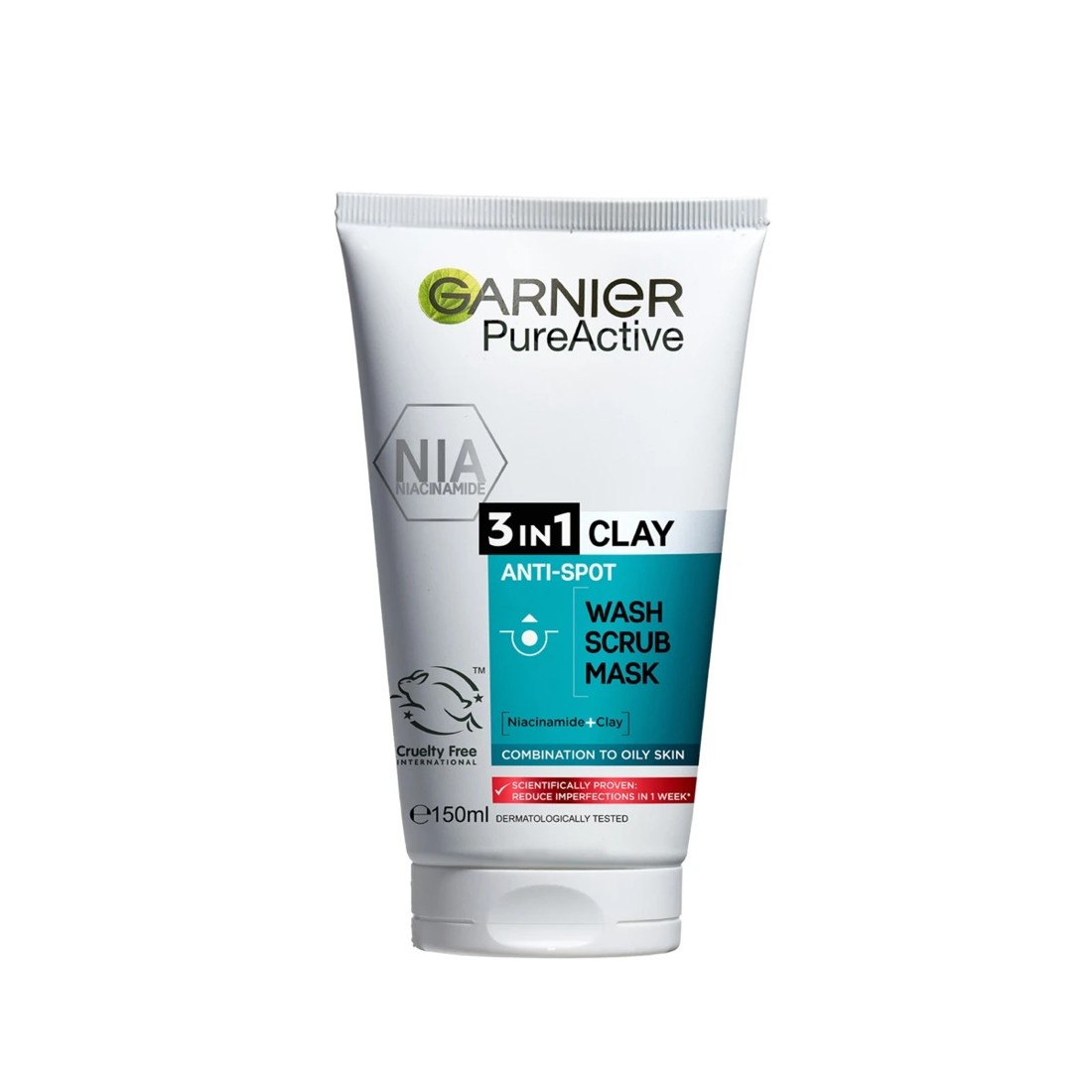 1 Garnier SkinActive PureActive 3-in-1 Anti-Spot Wash, Scrub and Mask 150ml - Clay and Niacinamide, 1 of 7