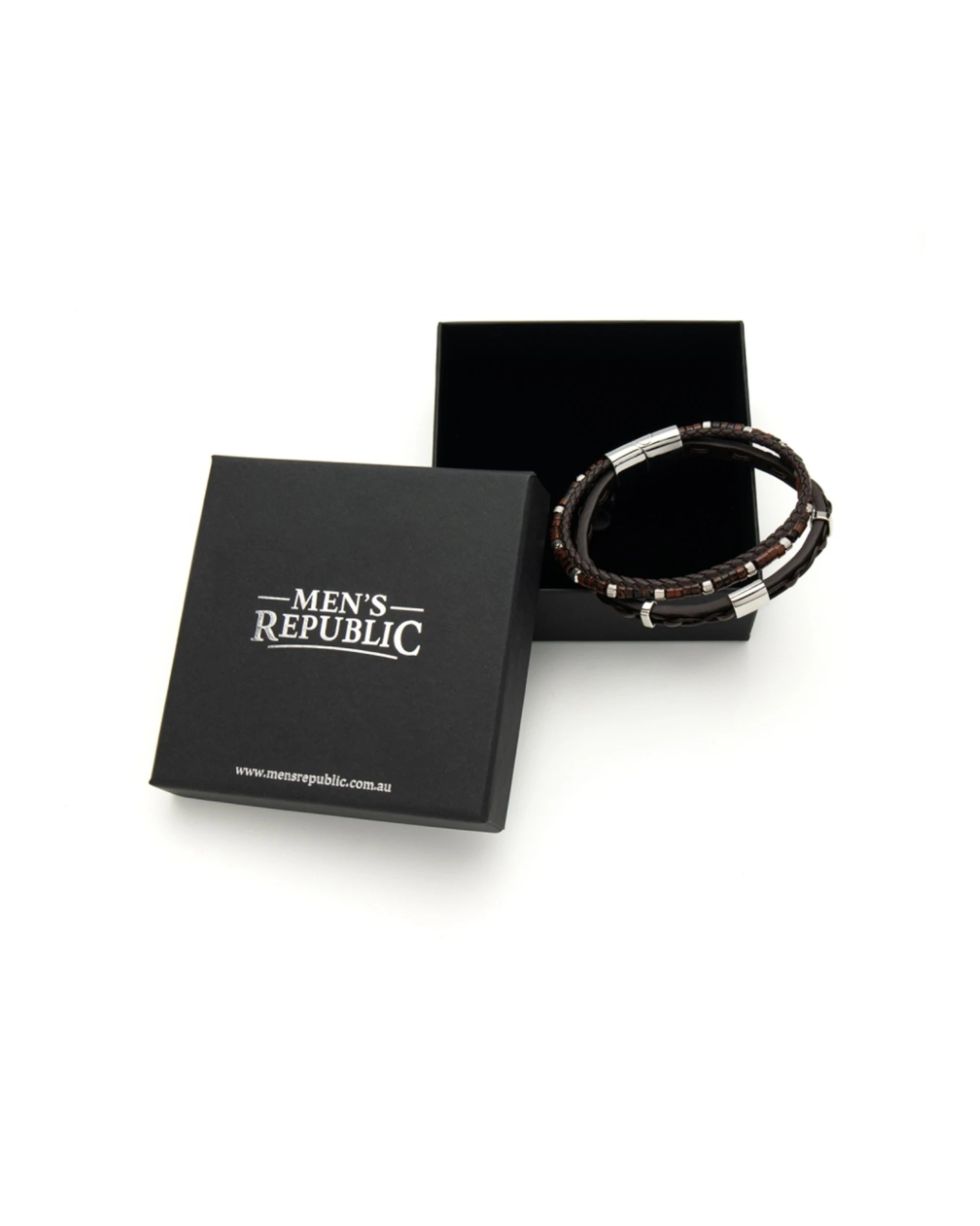1 Men's Republic Leather Bracelet Leather Stainless Steel Semi Precious Stones Signature Gift - Black, 1 of 2