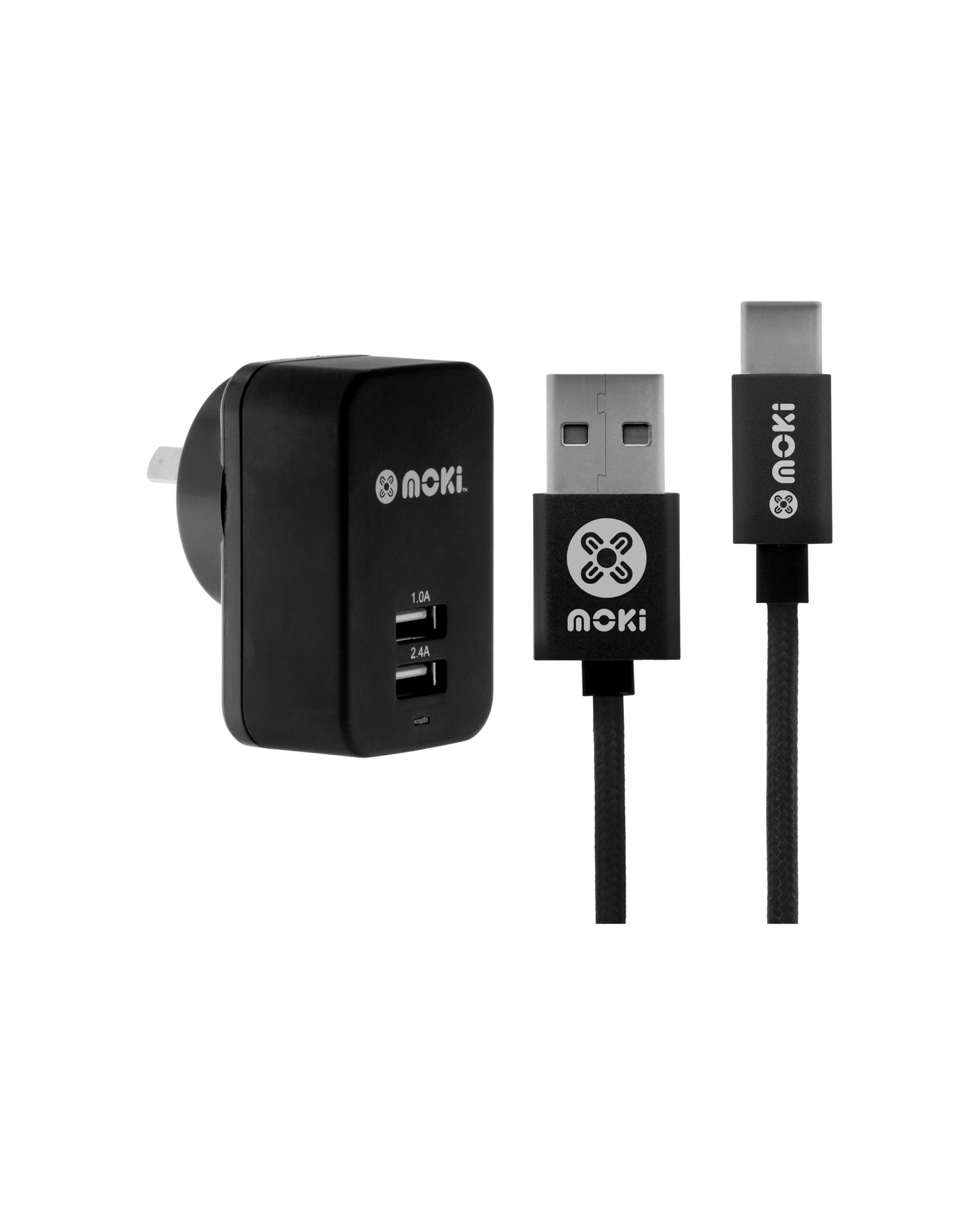 1 Moki Braided Type-C SynCharge Cable & Wall Charger Dual USB 17W 3.4A - Black, 1 of 1