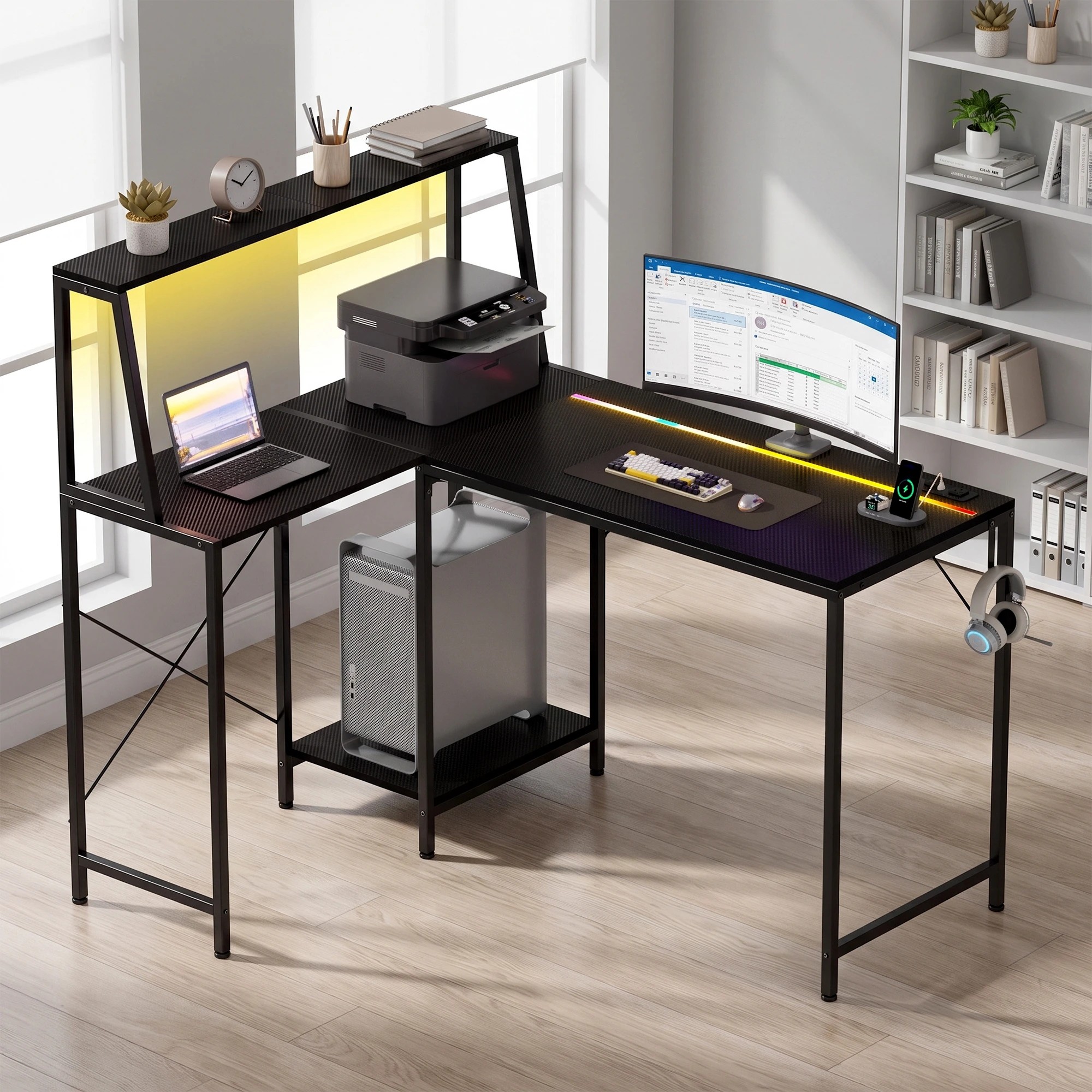 Advwin Computer Desk 115cm LED Gaming Desk w/ Adjustable Recessed Shelf ...