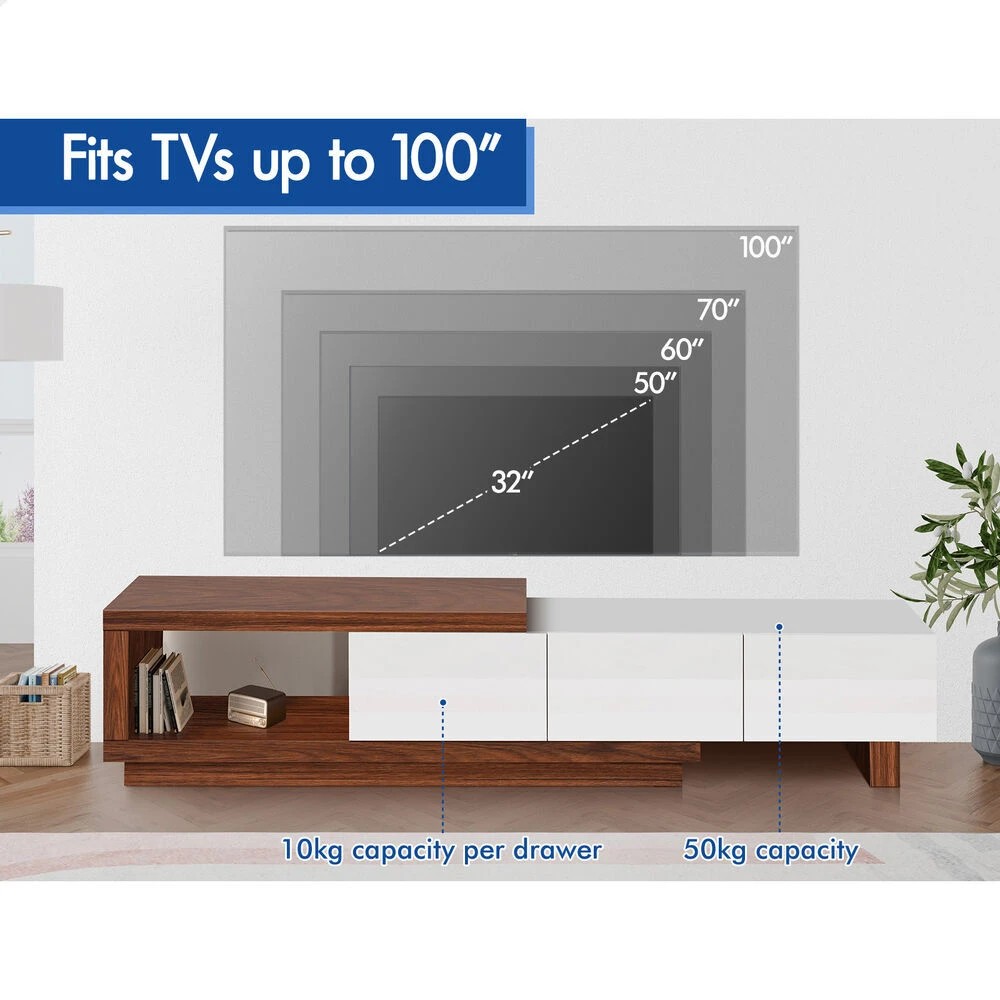 9 Alfordson 190-280cm Extendable Entertainment Unit TV Stand Cabinet Drawer - Walnut White, 9 of 9