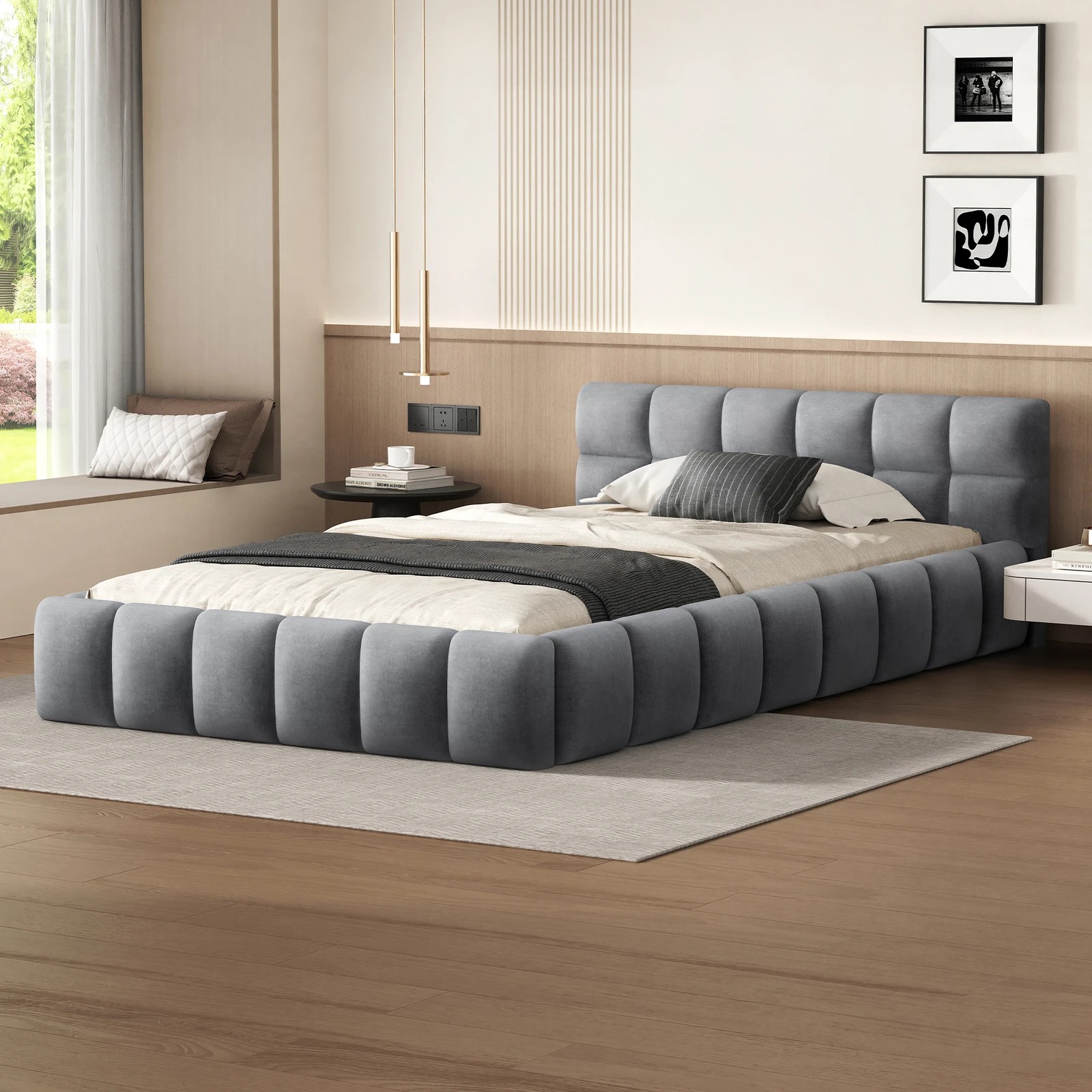 2 Alfordson Bed Frame Single Size Tufted Headboard Foundation Velvet Talmon - Grey, 2 of 10