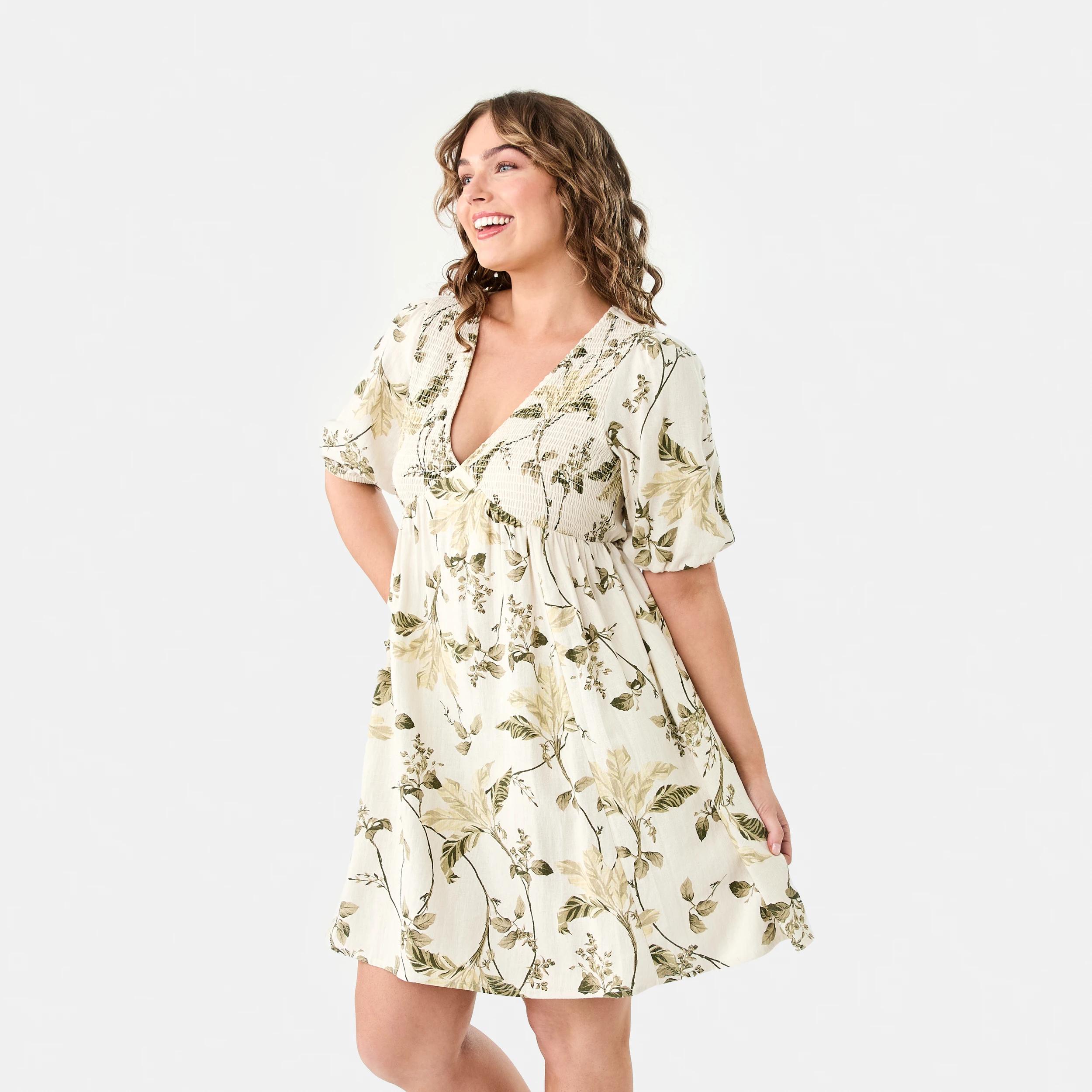 3 Short Sleeve Shirred V-Neck Mini Dress TROPICAL BURNT OLIVE, 3 of 9