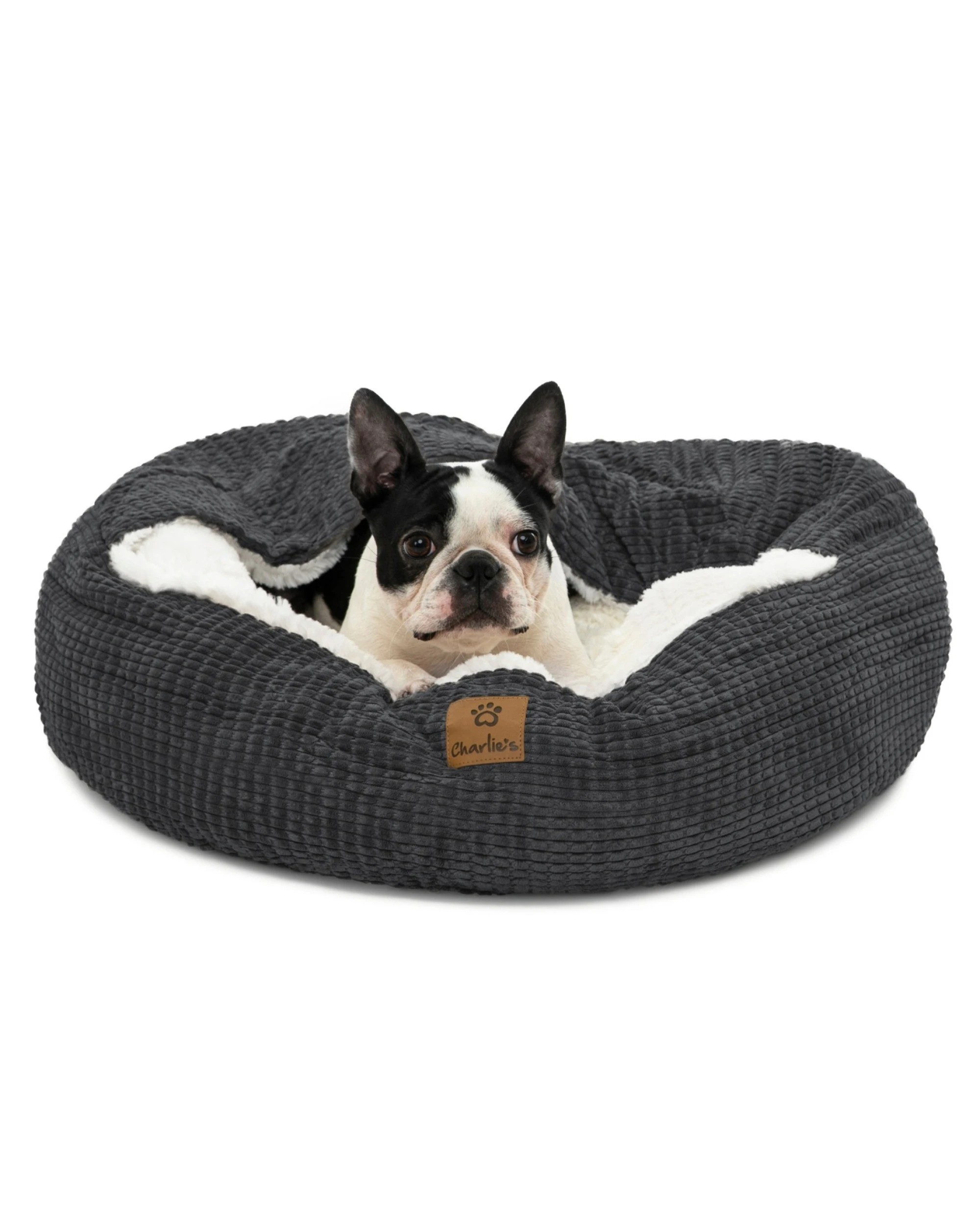 2 Charlie's Snookie Hooded Calming Dog Bed Medium - Charcoal, 2 of 8