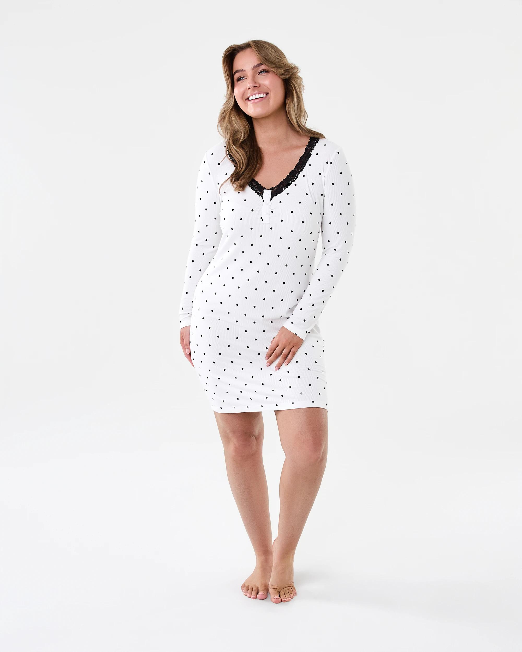 7 Long Sleeve Lace Trim Nightie Dots White, 7 of 7