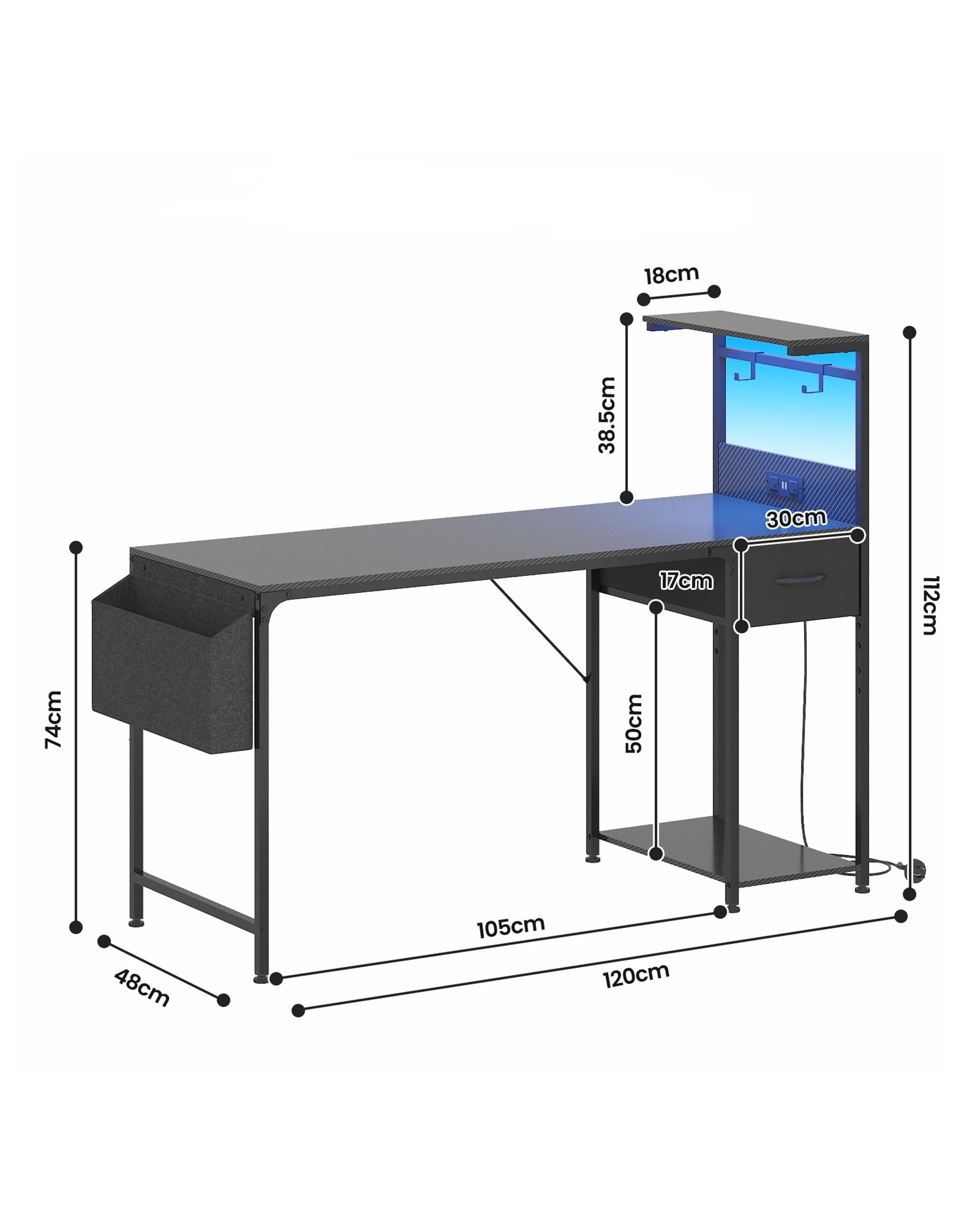8 Advwin Gaming Desk with LED Lights & Power Outlets Reversible Storage Shelf 120cm Computer Desk with Fabric Drawer, 8 of 10