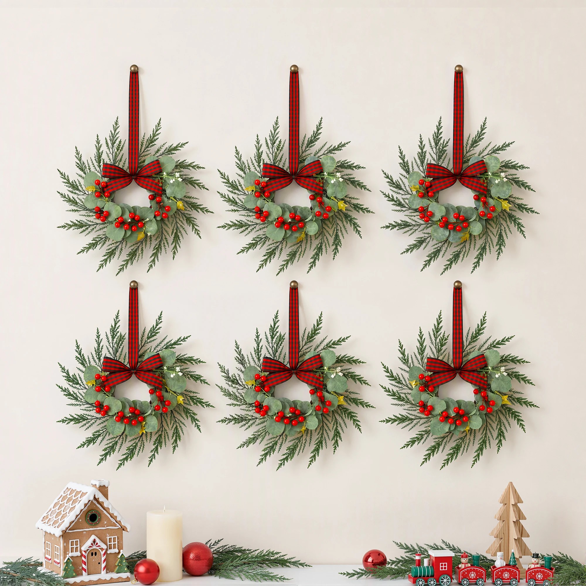 9 Jingle Jollys 6x Christmas Wreath Garland 26cm Wreaths Berries Bow - Green, 9 of 9