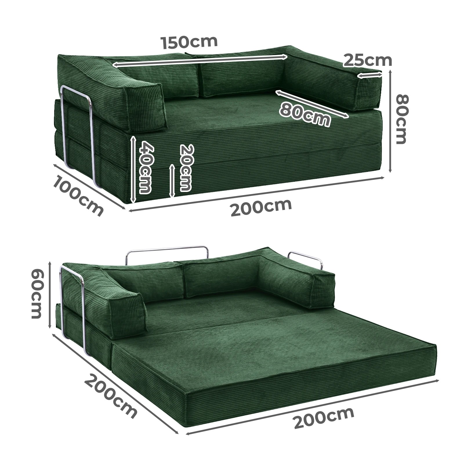 2 Levede 3 Seater 200Cm Double Corduroy Sofa Bed In Dark - Green - Green, 2 of 9