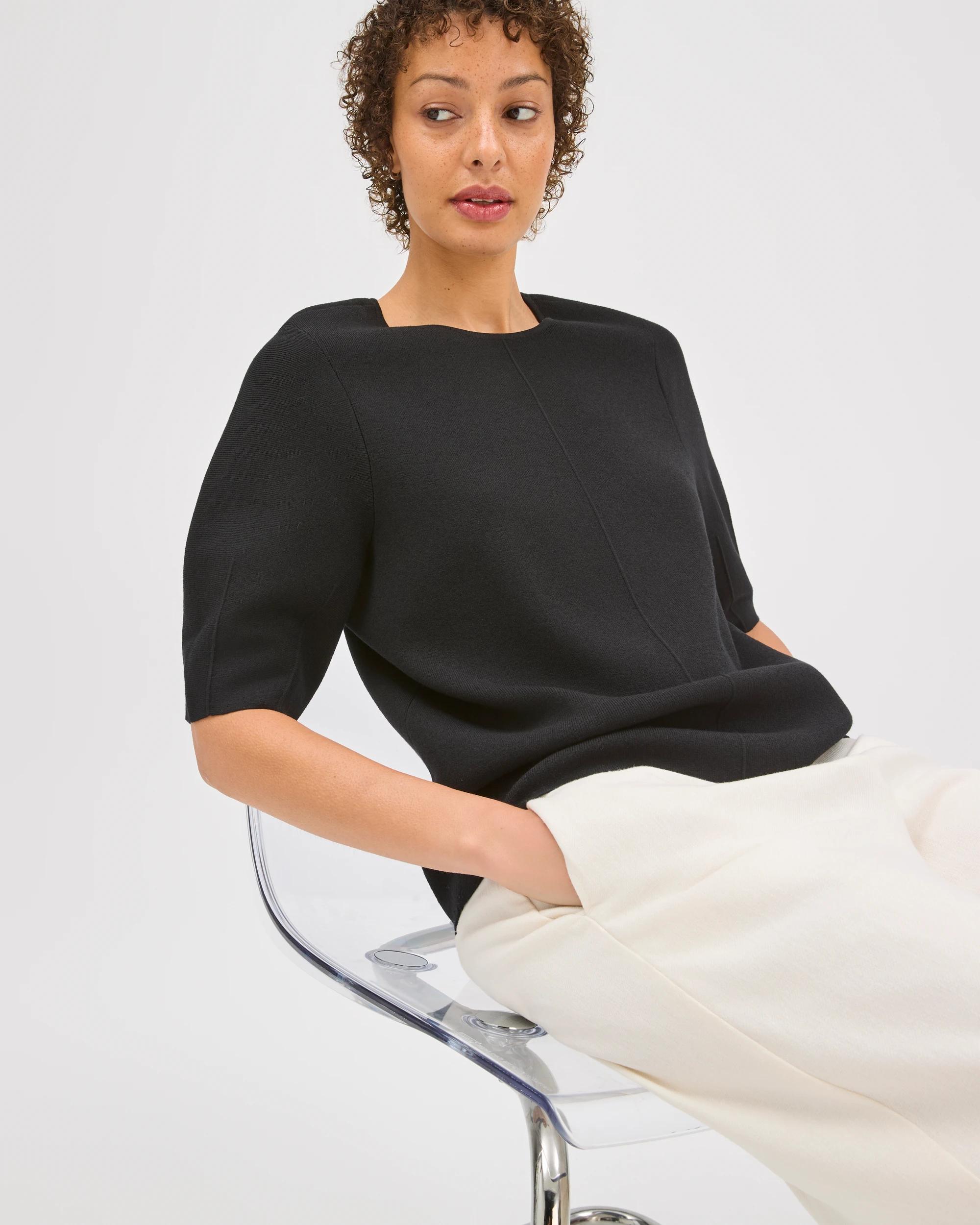 5 Preview Lantern Short Sleeve Crepe Knit Top BLACK, 5 of 7