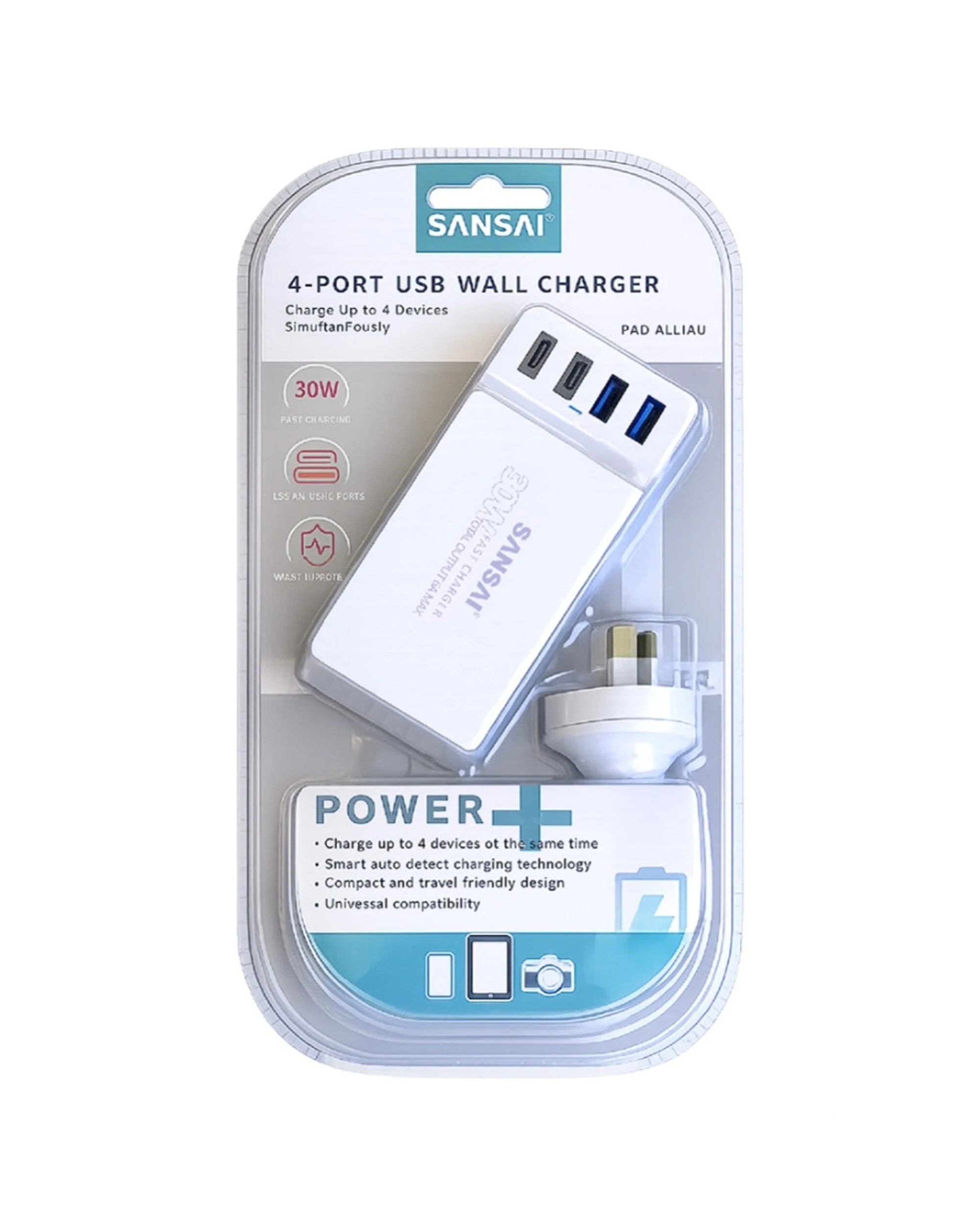 1 Sansai 4 Port USB A And C Charging Station 30W Total Output 1.5m Top Insert - White, 1 of 2