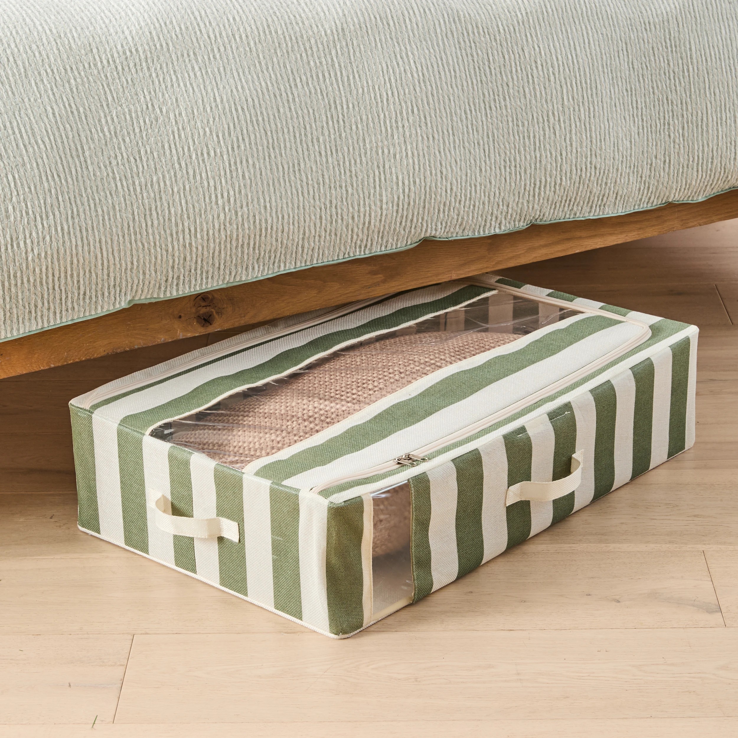 2 Linen Look Underbed Collapsible Box - Green Stripe, 2 of 8