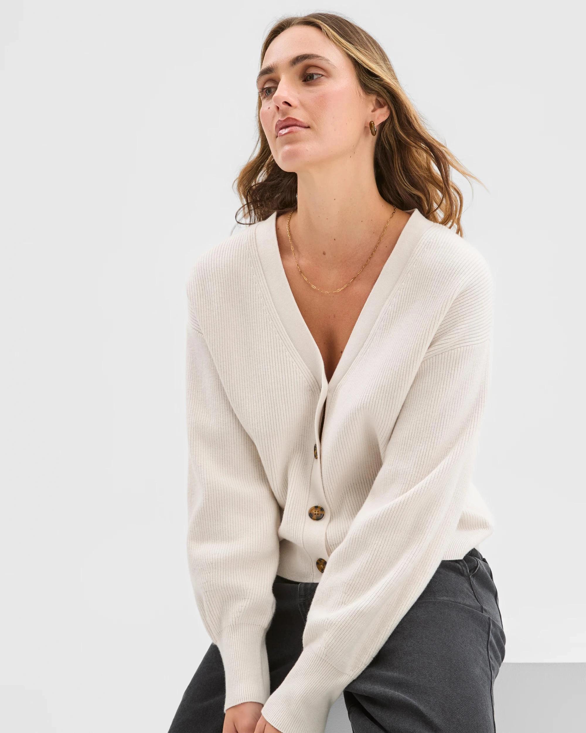 6 Target Woman Australian Cotton Blend V-Neck Rib Cardigan CHALK, 6 of 7