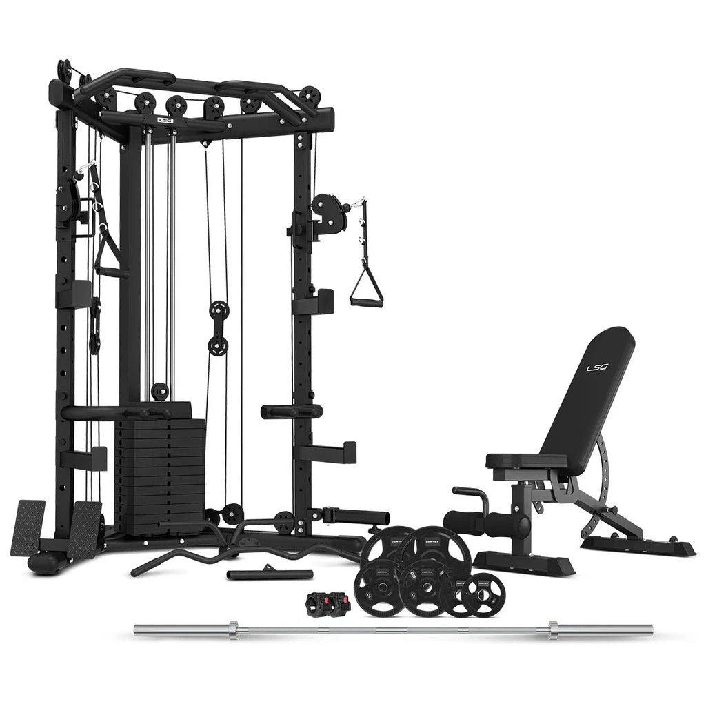 1 LSG GRK-110 with FID Bench, 90kg Olympic Weights - Barbell and Rubber Tri-Grip Plates - Black, 1 of 10