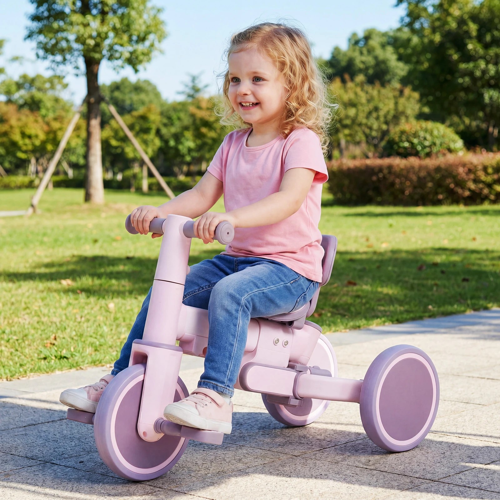 2 Advwin 5-in-1 Toddler Tricycle with Push Handle Foldable Kids Balance Bike for Boys and Girls - Purple, 2 of 9