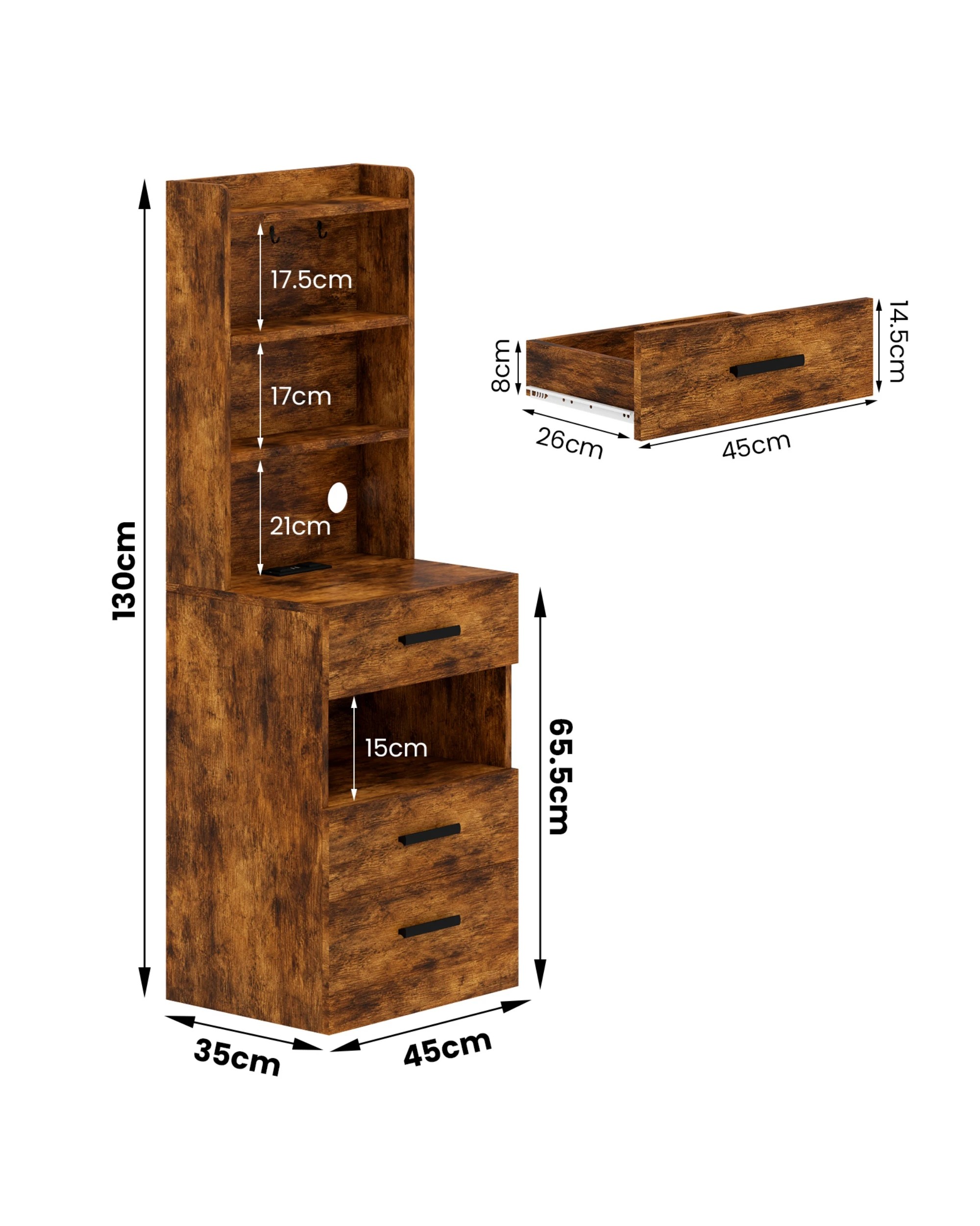 2 Ufurniture LED Tall Bedside Cabinet With Charging Station 3 Drawers and 3 Shelves - Brown, 2 of 8