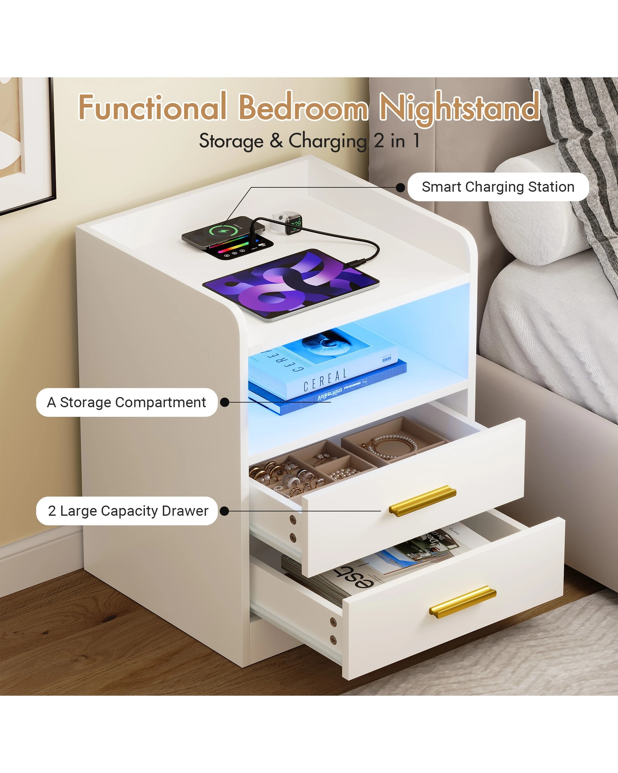8 Advwin Bedside Table 2 Drawers Led Nightstand Wireless Charging Station, 8 of 8