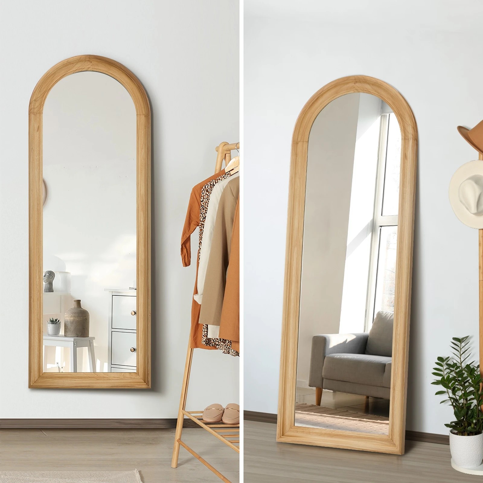 5 Oikiture Full Length Mirror Elegance Arch 165x60cm  Wood Floor Mirrors - Natural, 5 of 10