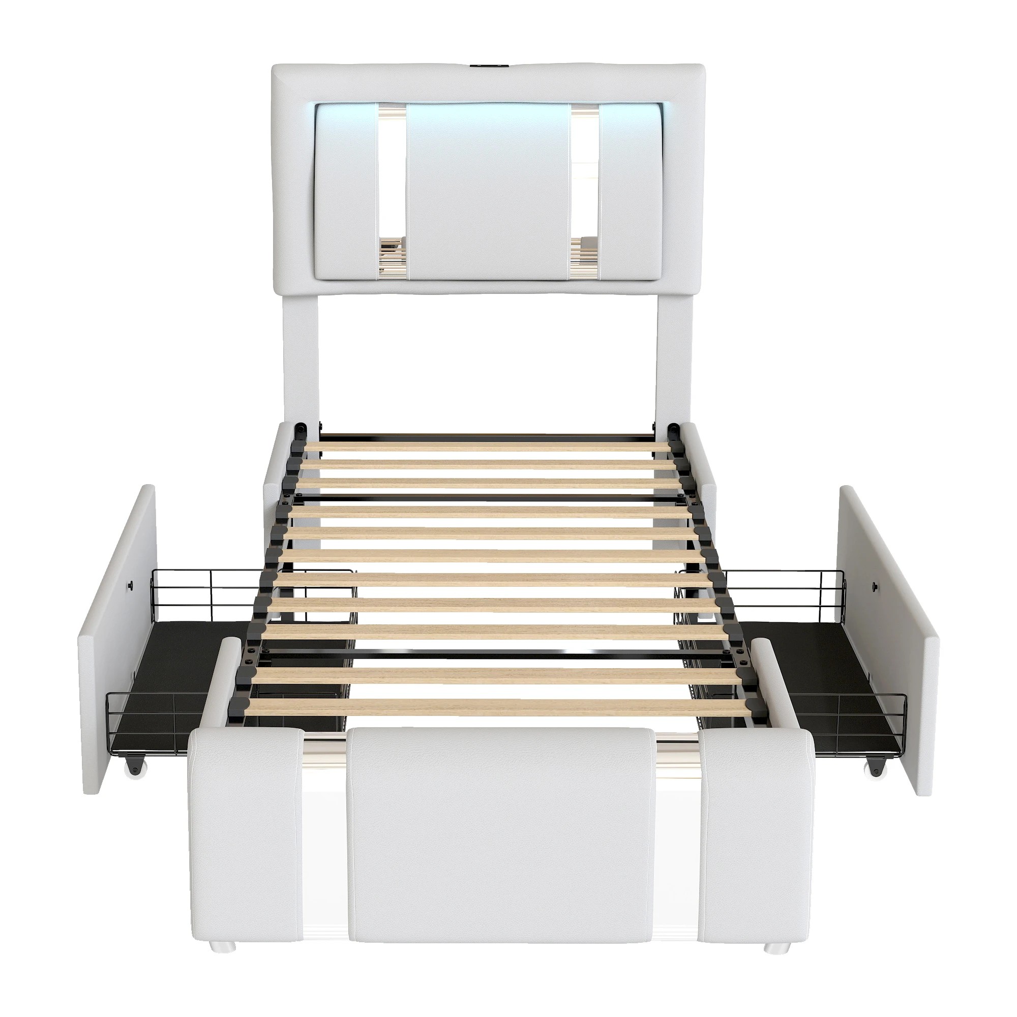 2 Levede Single Bed Frame PU with LED USB and 2 Drawers - White, 2 of 9