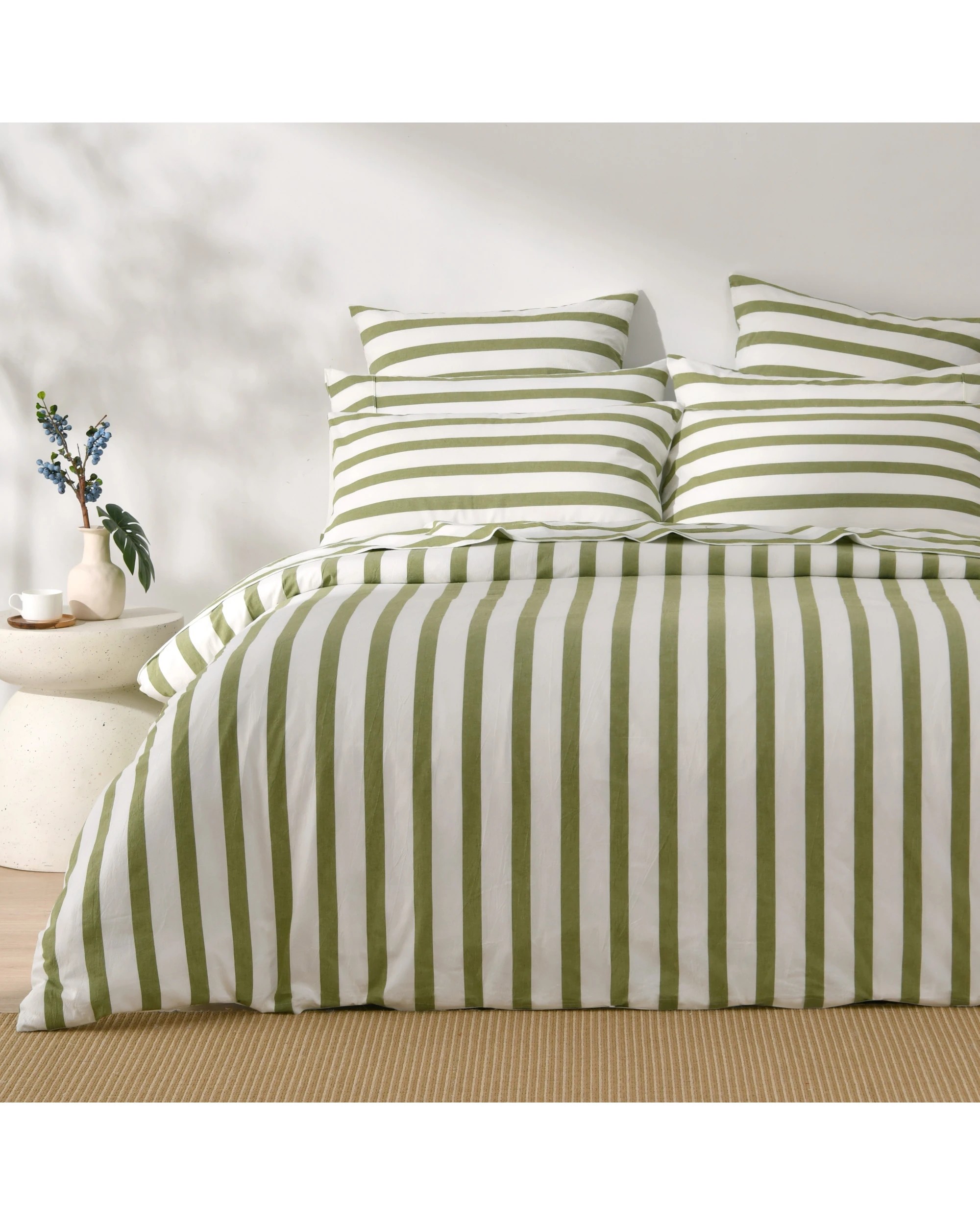 1 Dreamaker Cove Yarn Dyed Washed Cotton Striped Quilt Cover Set - Single Bed - Olive, 1 of 7