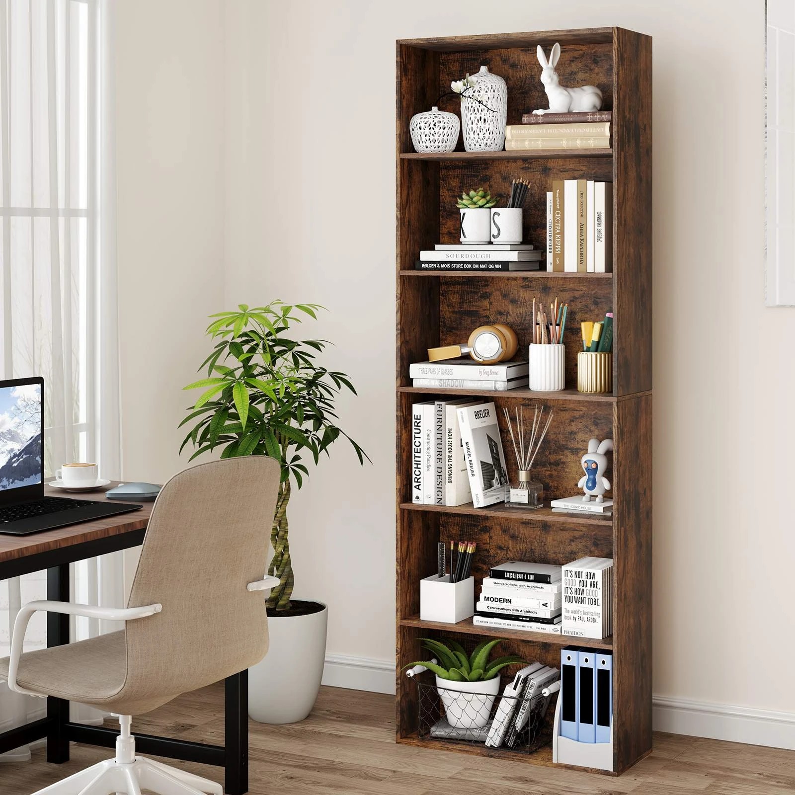 3 Costway 6-Tier Open Bookcase Tall Book Storage Organizer Display Cabinet Brown, 3 of 4