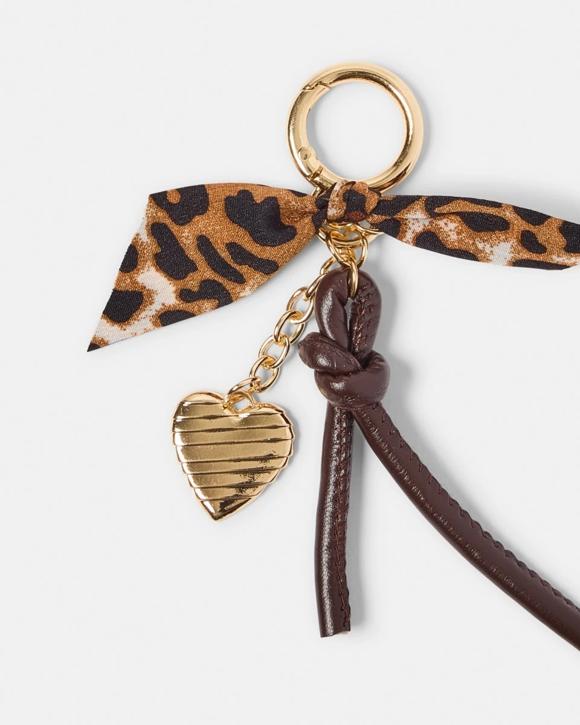 Leopard Bow Charm Keyring - Brown, Black and Gold Tone