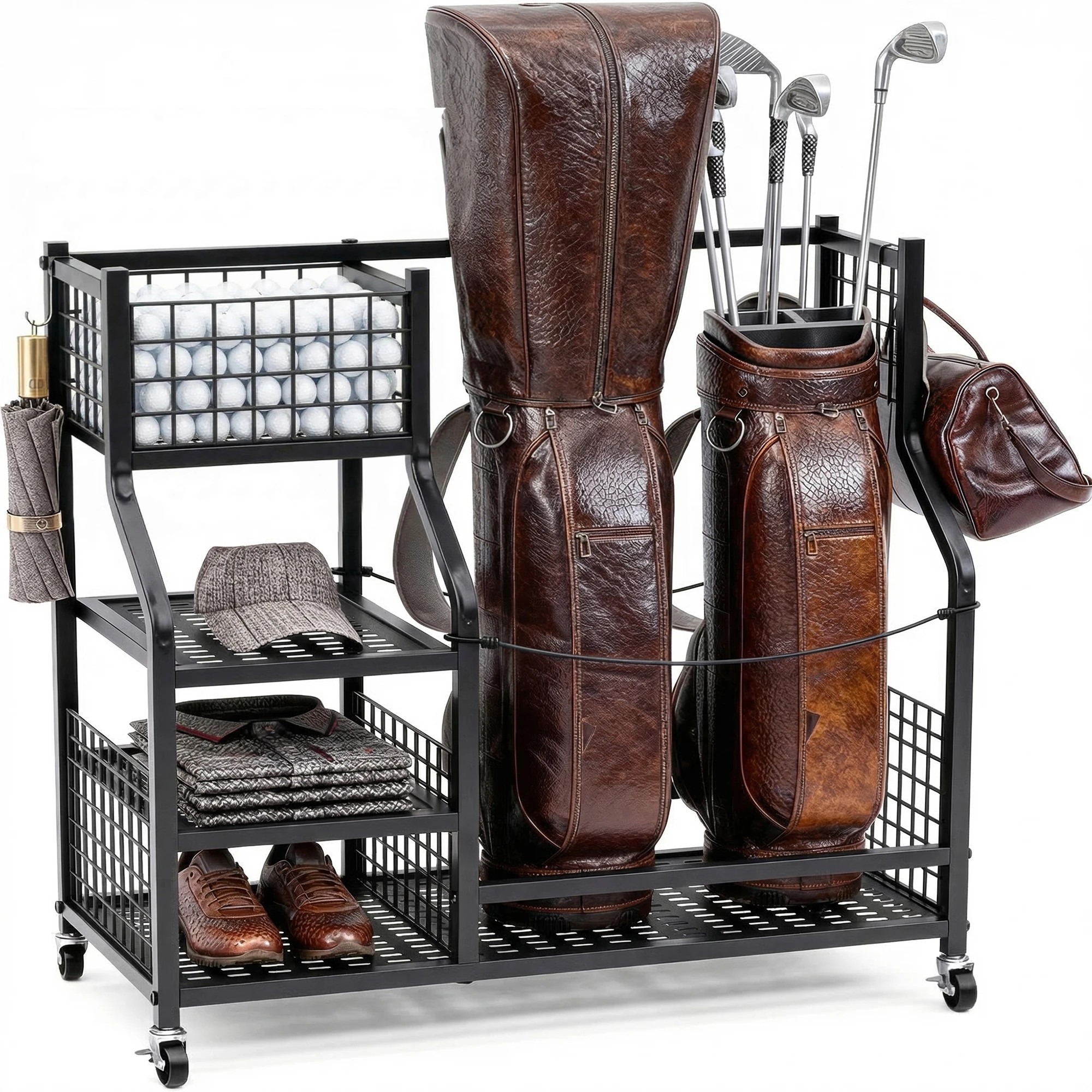 1 Advwin Golf Bag Storage Organiser with Lockable Wheels - Black, 1 of 9