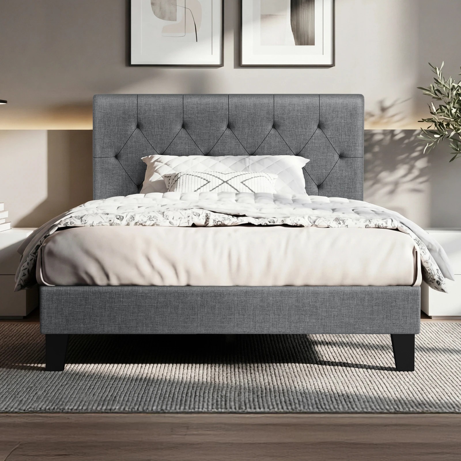 2 Alfordson Bed Frame King Single Tufted Headboard Modern Fabric Meduna - Grey, 2 of 9